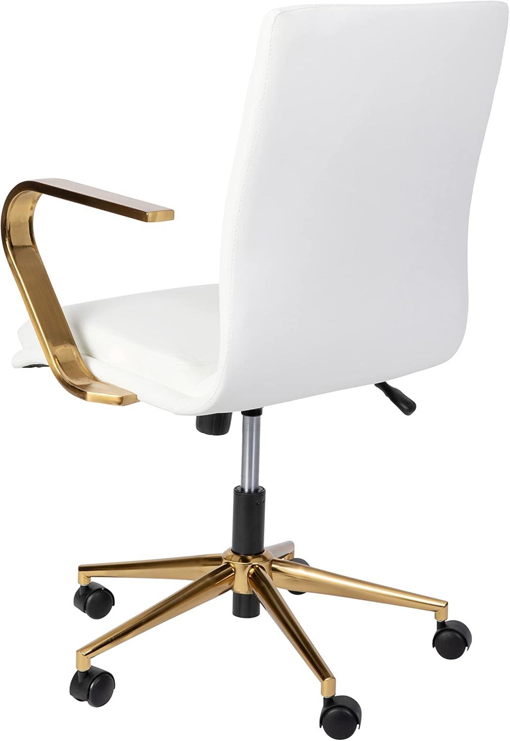 imageFlash Furniture James MidBack Designer Executive Office Chair White LeatherSoft Upholstery Brushed Gold Base and Arms Height Adjustable 360 Swivel SeatWhiteGold