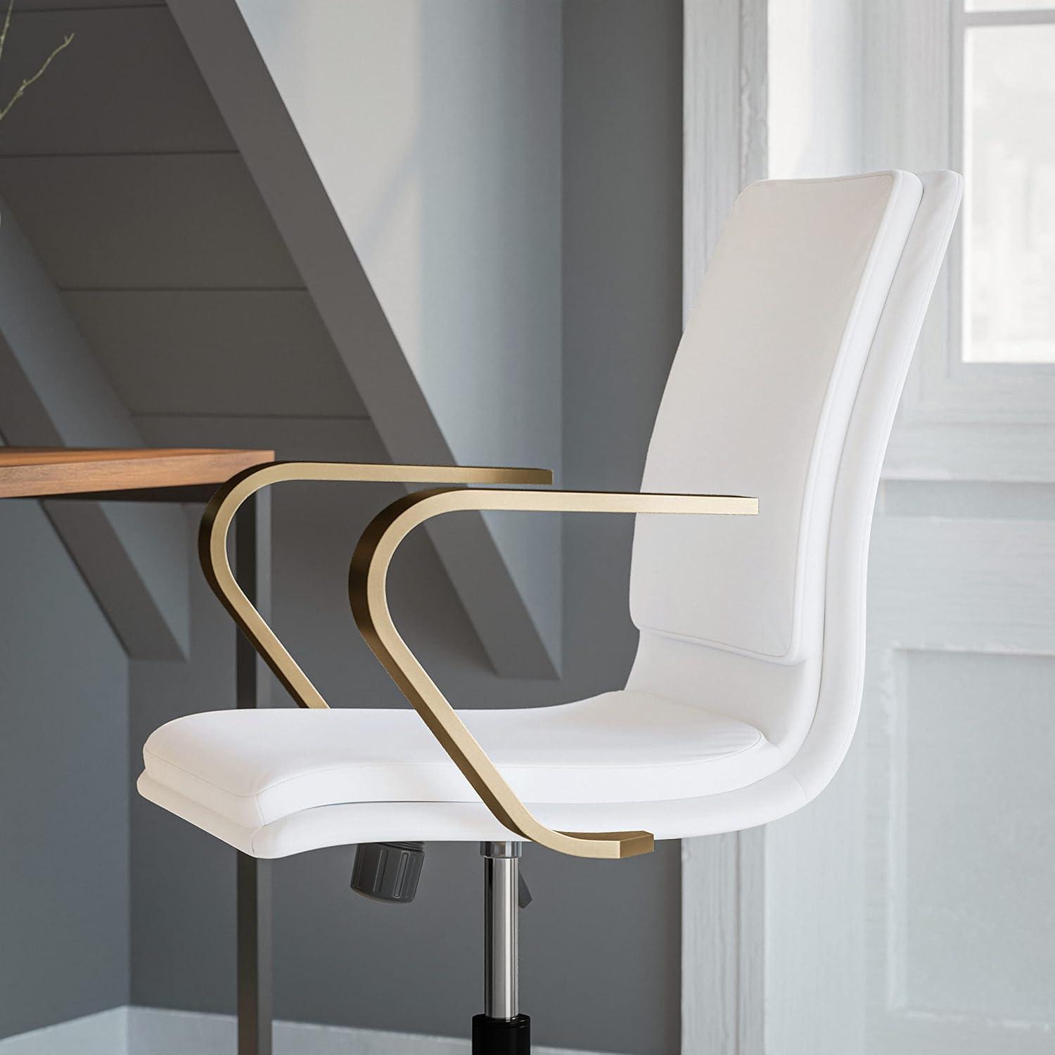 imageFlash Furniture James MidBack Designer Executive Office Chair White LeatherSoft Upholstery Brushed Gold Base and Arms Height Adjustable 360 Swivel SeatWhiteGold