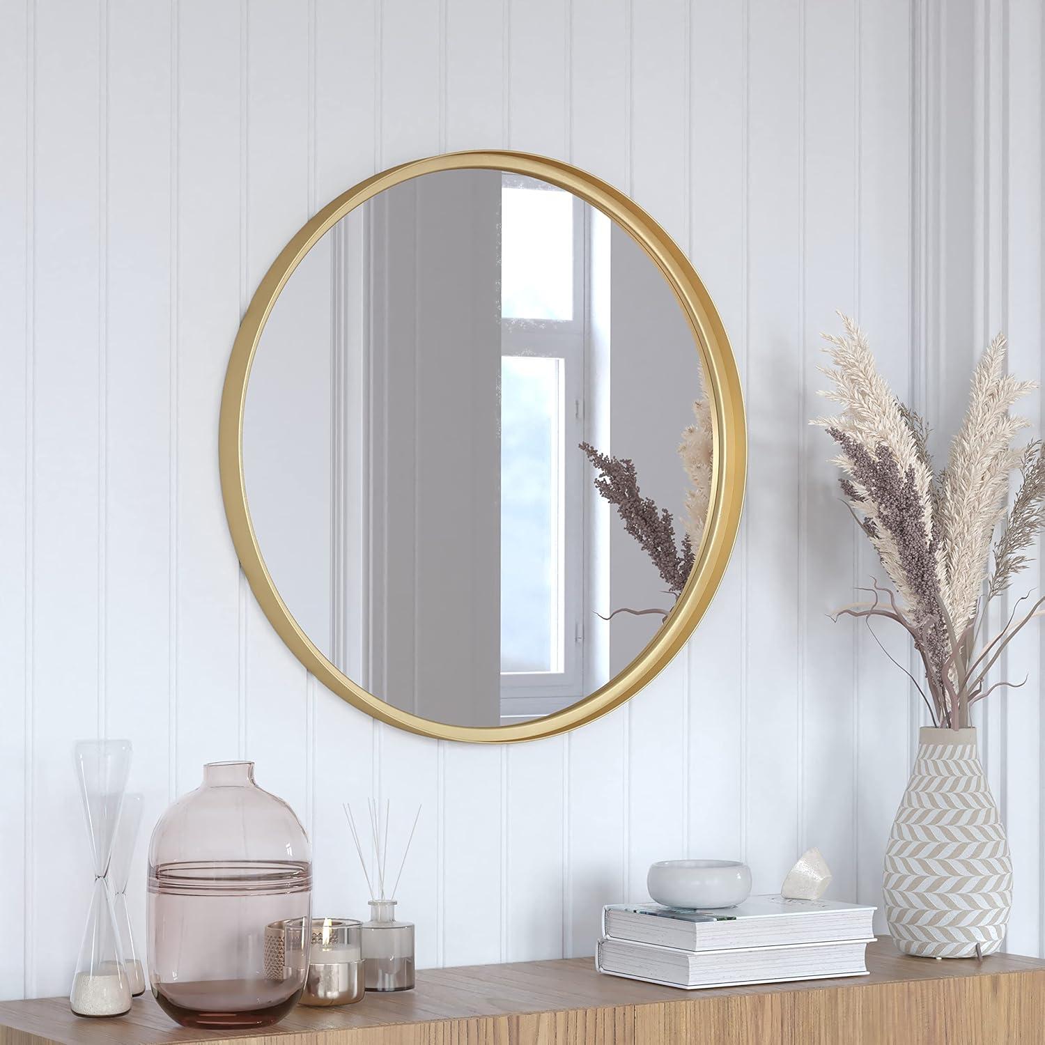 imageFlash Furniture Jennifer Metal Framed Wall Large Accent Mirror for Bathroom Vanity Entryway Dining Living Room 275quot Round GoldGold