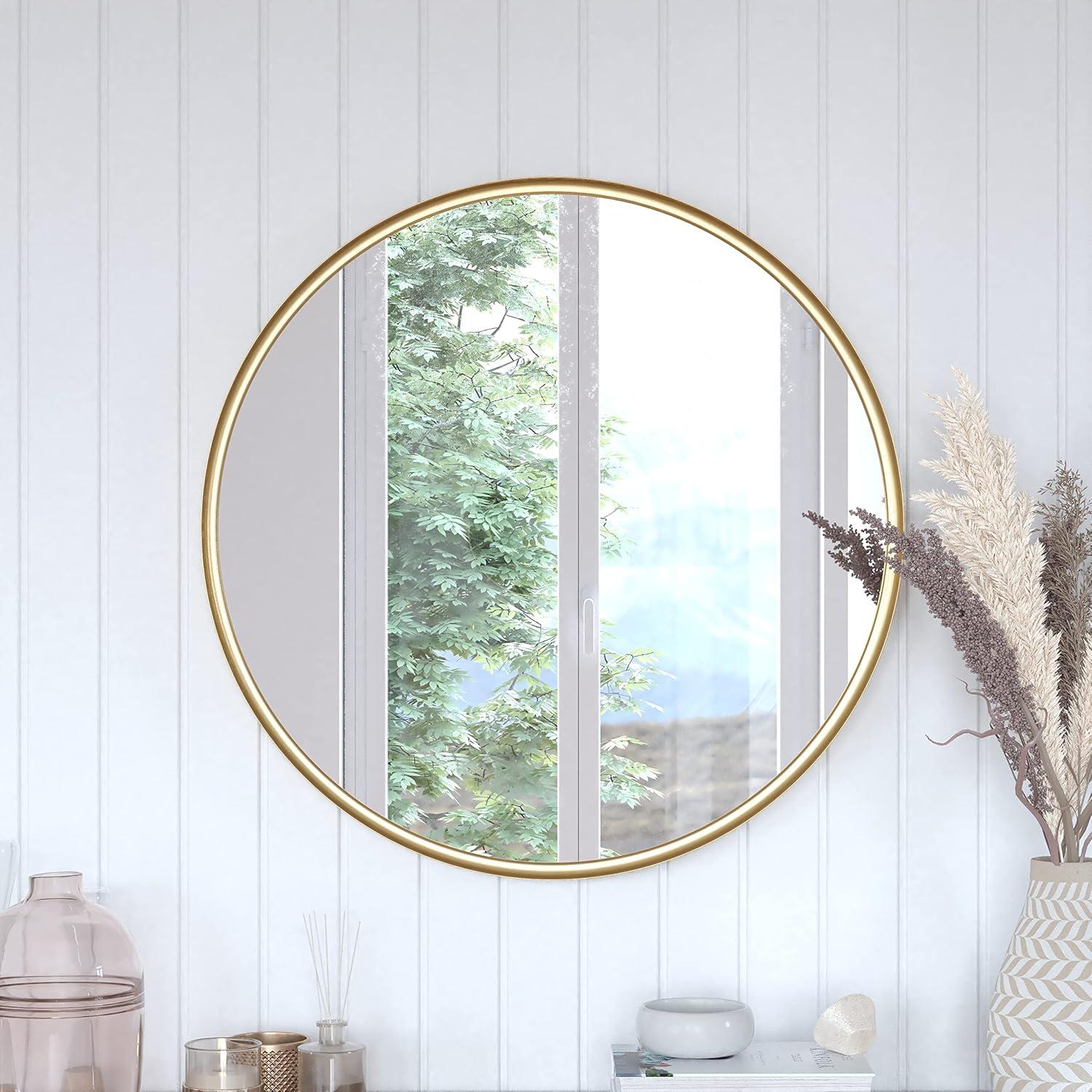 imageFlash Furniture Jennifer Metal Framed Wall Large Accent Mirror for Bathroom Vanity Entryway Dining Living Room 275quot Round GoldGold