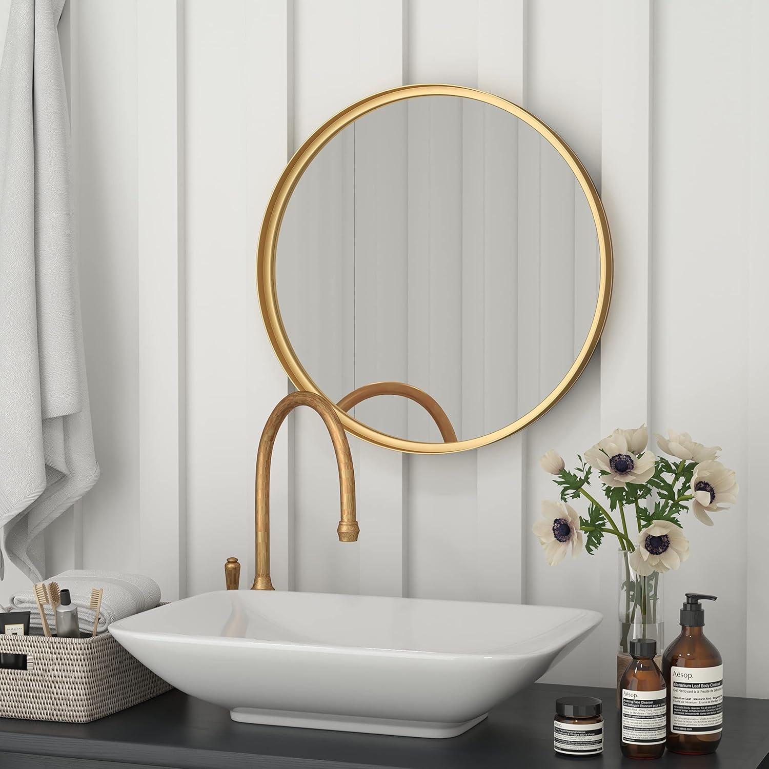 imageFlash Furniture Jennifer Metal Framed Wall Large Accent Mirror for Bathroom Vanity Entryway Dining Living Room 275quot Round GoldGold