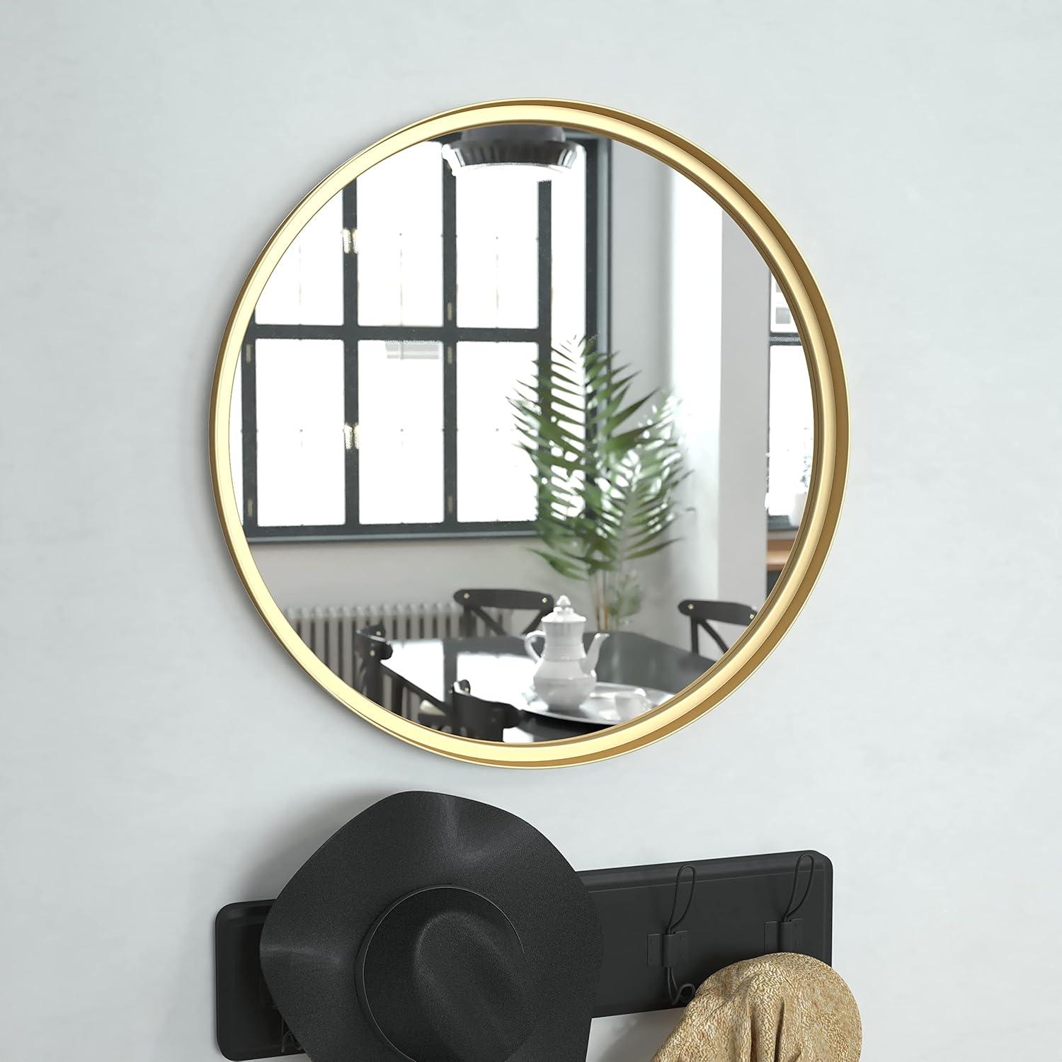 imageFlash Furniture Jennifer Metal Framed Wall Large Accent Mirror for Bathroom Vanity Entryway Dining Living Room 275quot Round GoldGold