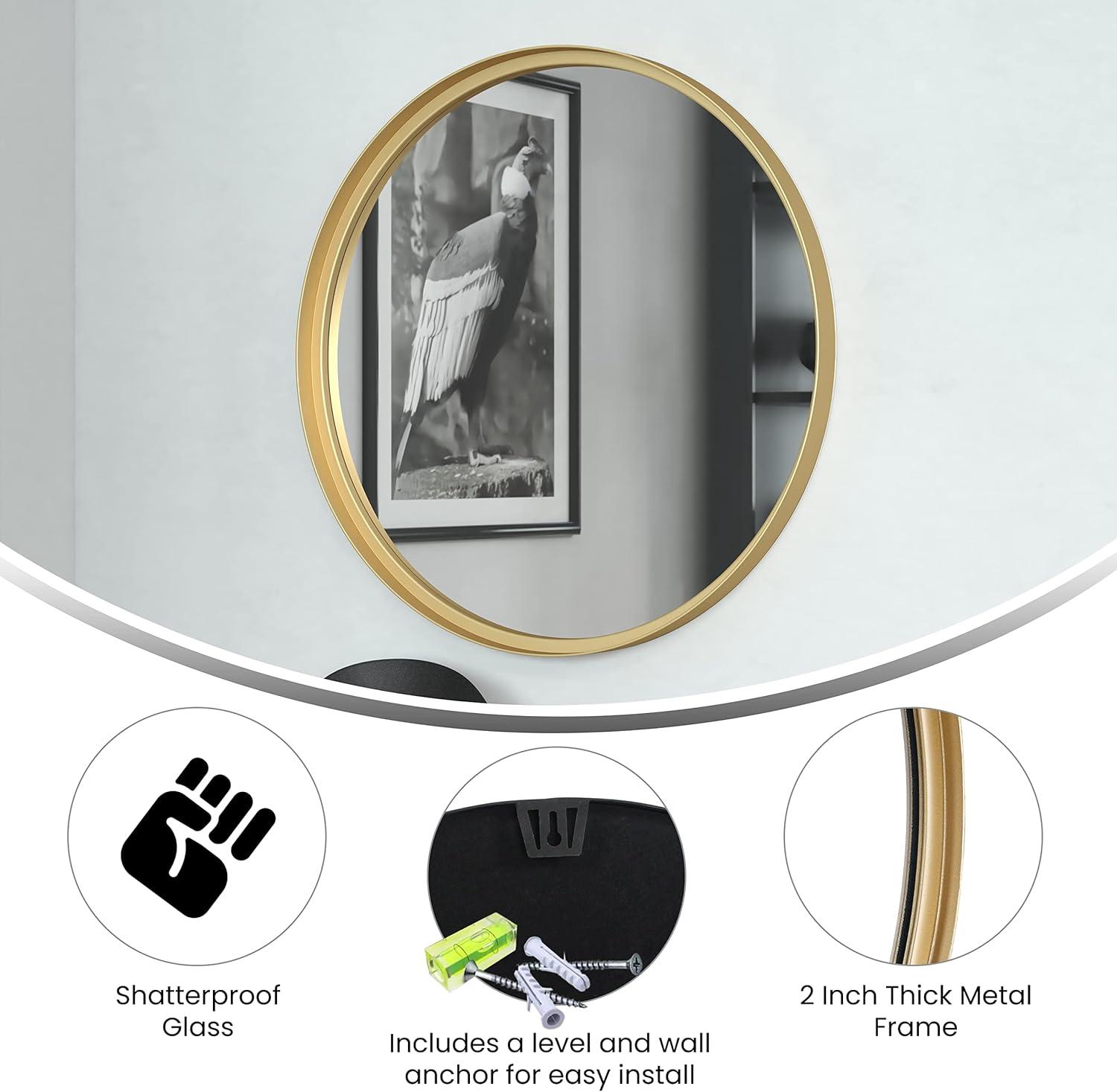 imageFlash Furniture Jennifer Metal Framed Wall Large Accent Mirror for Bathroom Vanity Entryway Dining Living Room 275quot Round GoldGold