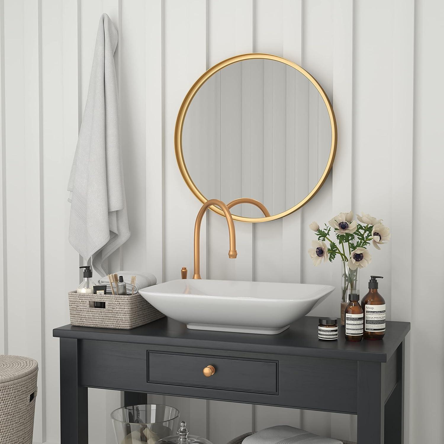 imageFlash Furniture Jennifer Metal Framed Wall Large Accent Mirror for Bathroom Vanity Entryway Dining Living Room 275quot Round GoldGold