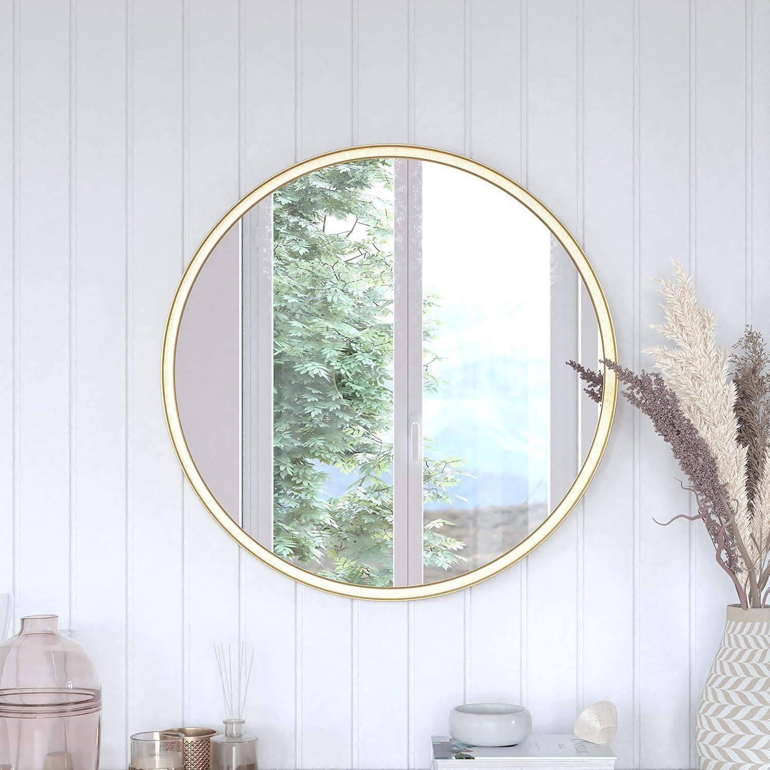 imageFlash Furniture Jennifer Metal Framed Wall Large Accent Mirror for Bathroom Vanity Entryway Dining Living Room 275quot Round GoldGold
