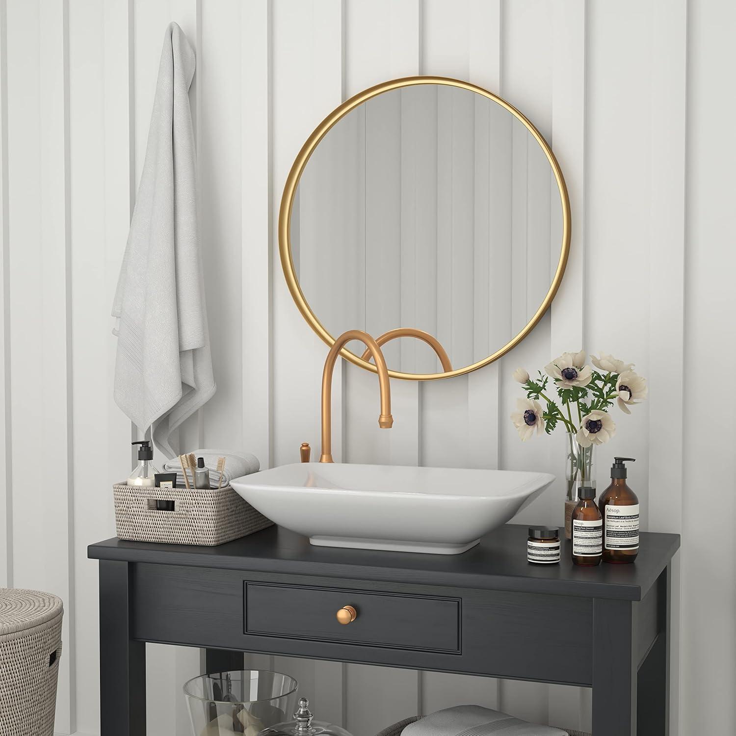 imageFlash Furniture Jennifer Metal Framed Wall Large Accent Mirror for Bathroom Vanity Entryway Dining Living Room 275quot Round GoldGold