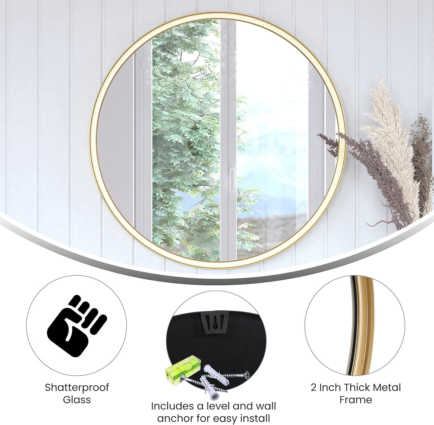 imageFlash Furniture Jennifer Metal Framed Wall Large Accent Mirror for Bathroom Vanity Entryway Dining Living Room 275quot Round GoldGold
