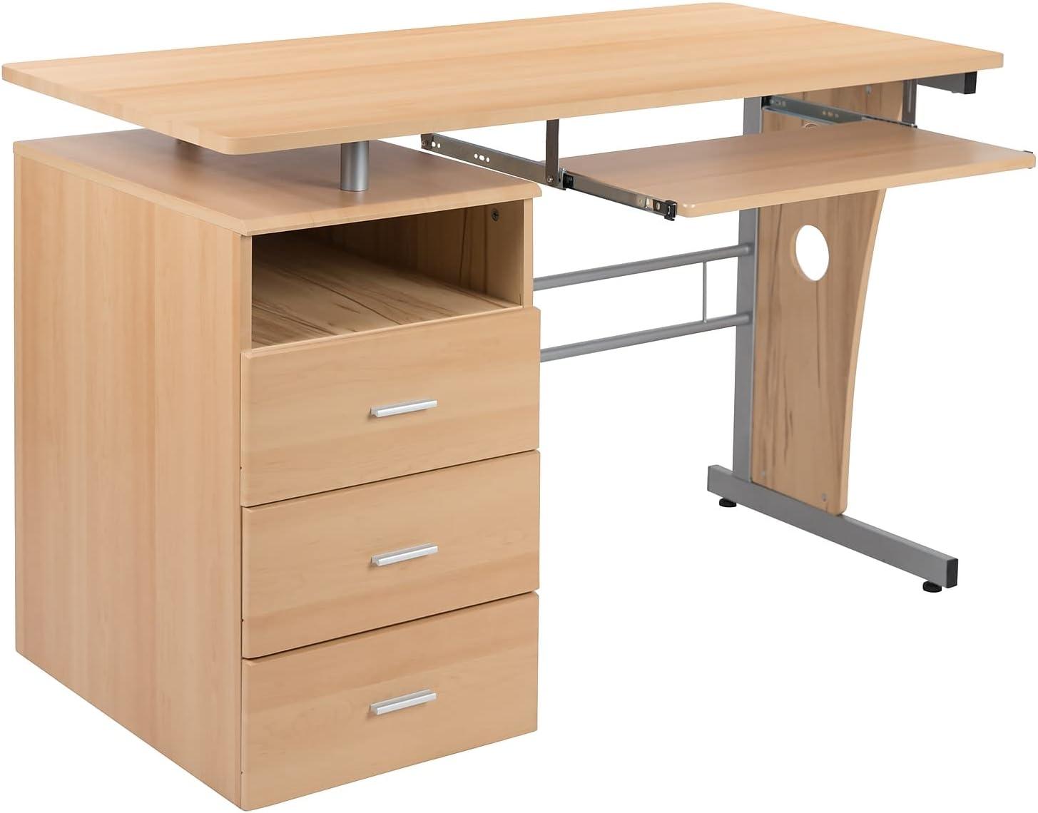 imageFlash Furniture Joshua White Desk with Three Drawer Pedestal and PullOut Keyboard TrayMaple