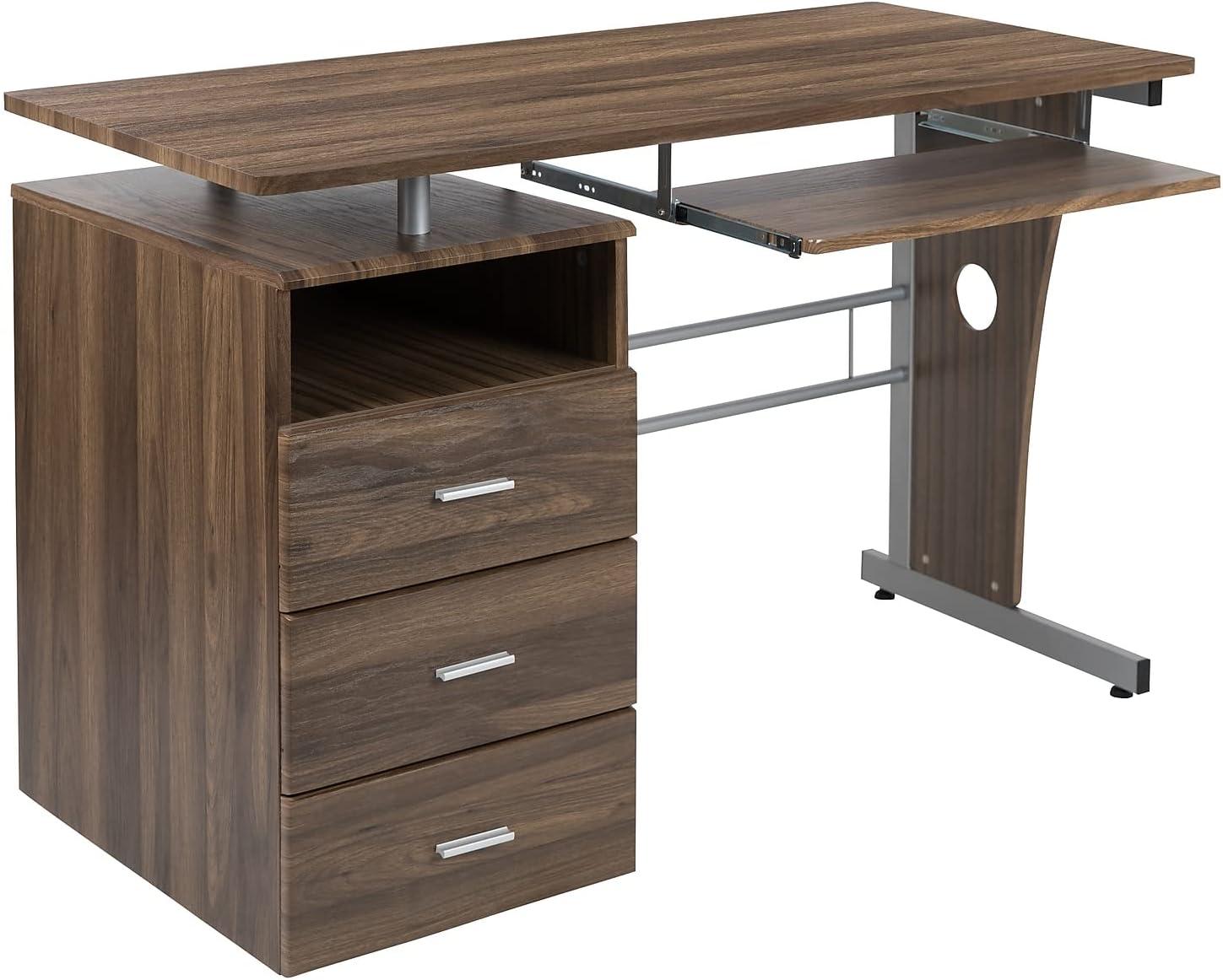 imageFlash Furniture Joshua White Desk with Three Drawer Pedestal and PullOut Keyboard TrayRustic Walnut