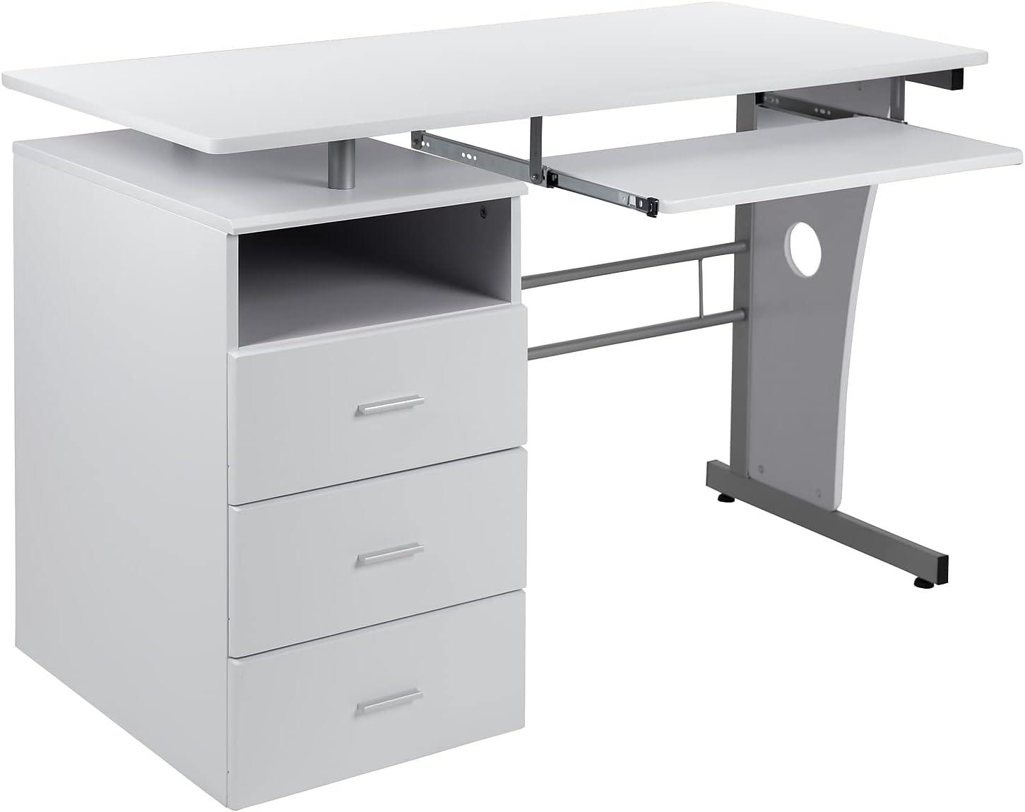 imageFlash Furniture Joshua White Desk with Three Drawer Pedestal and PullOut Keyboard TrayWhite