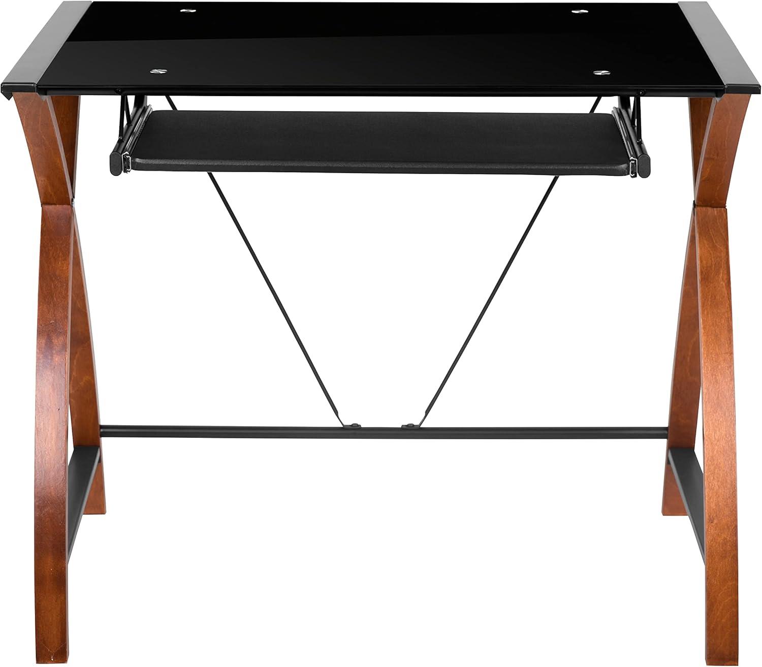 imageFlash Furniture Jude Black Glass Computer Desk with PullOut Keyboard Tray and Crisscross FrameBlack