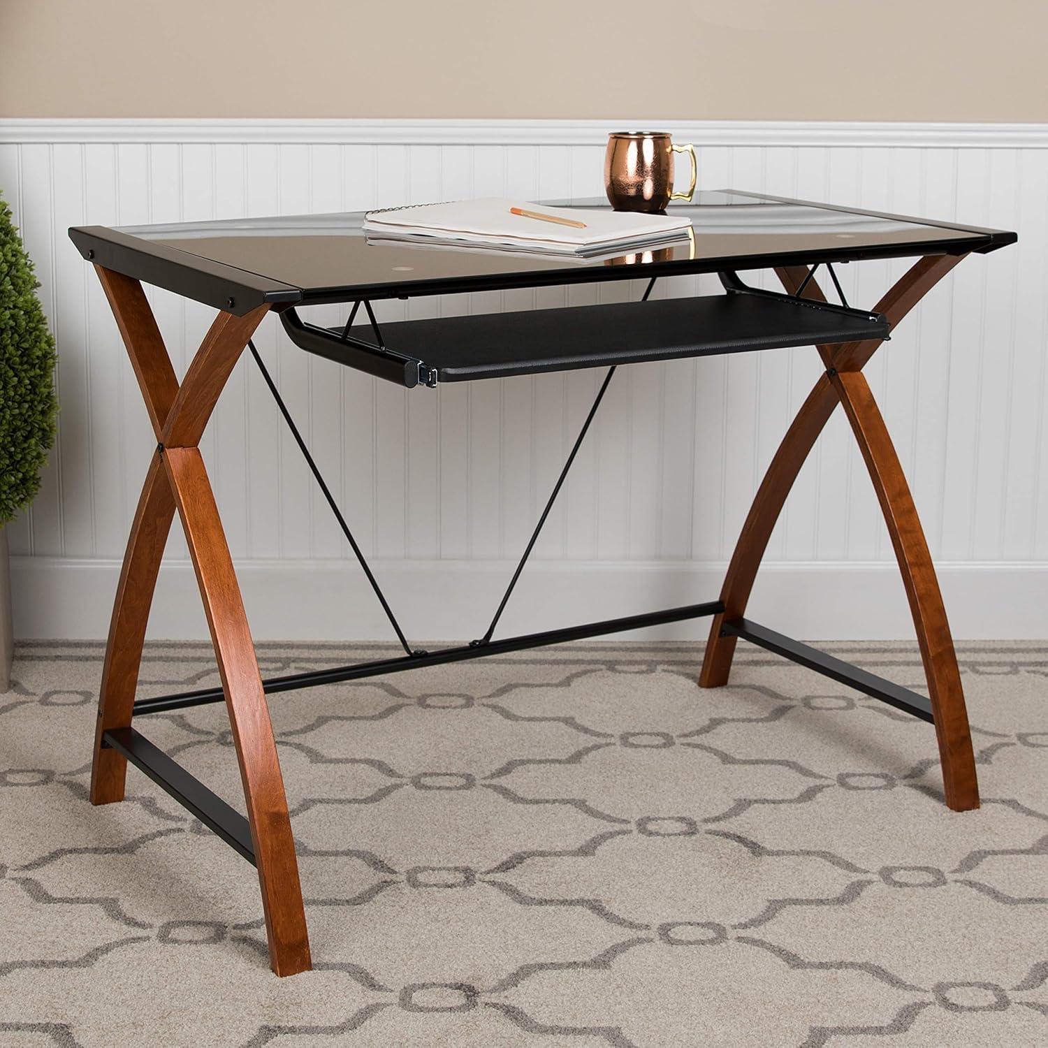 imageFlash Furniture Jude Black Glass Computer Desk with PullOut Keyboard Tray and Crisscross FrameBlack