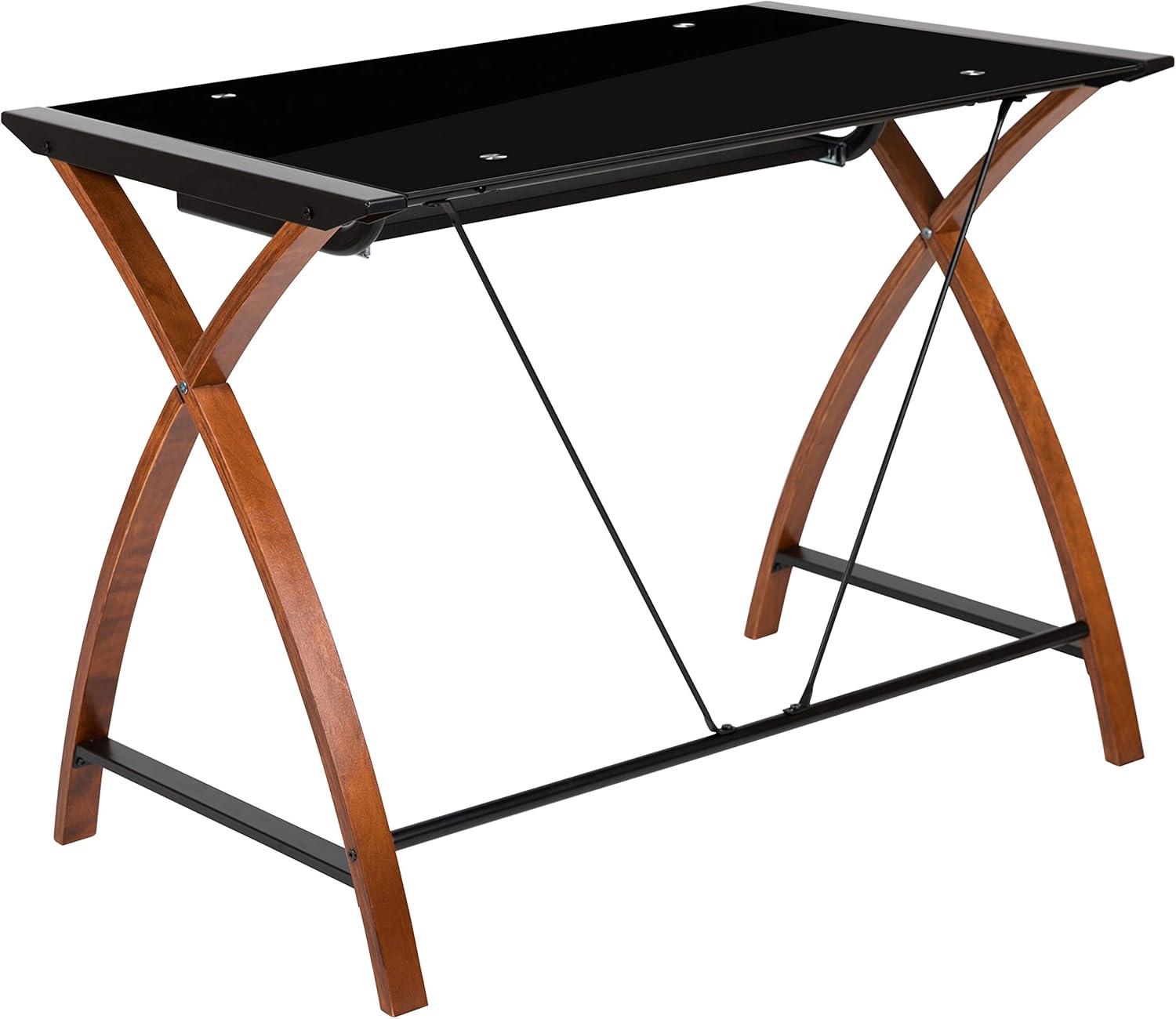 imageFlash Furniture Jude Black Glass Computer Desk with PullOut Keyboard Tray and Crisscross FrameBlack