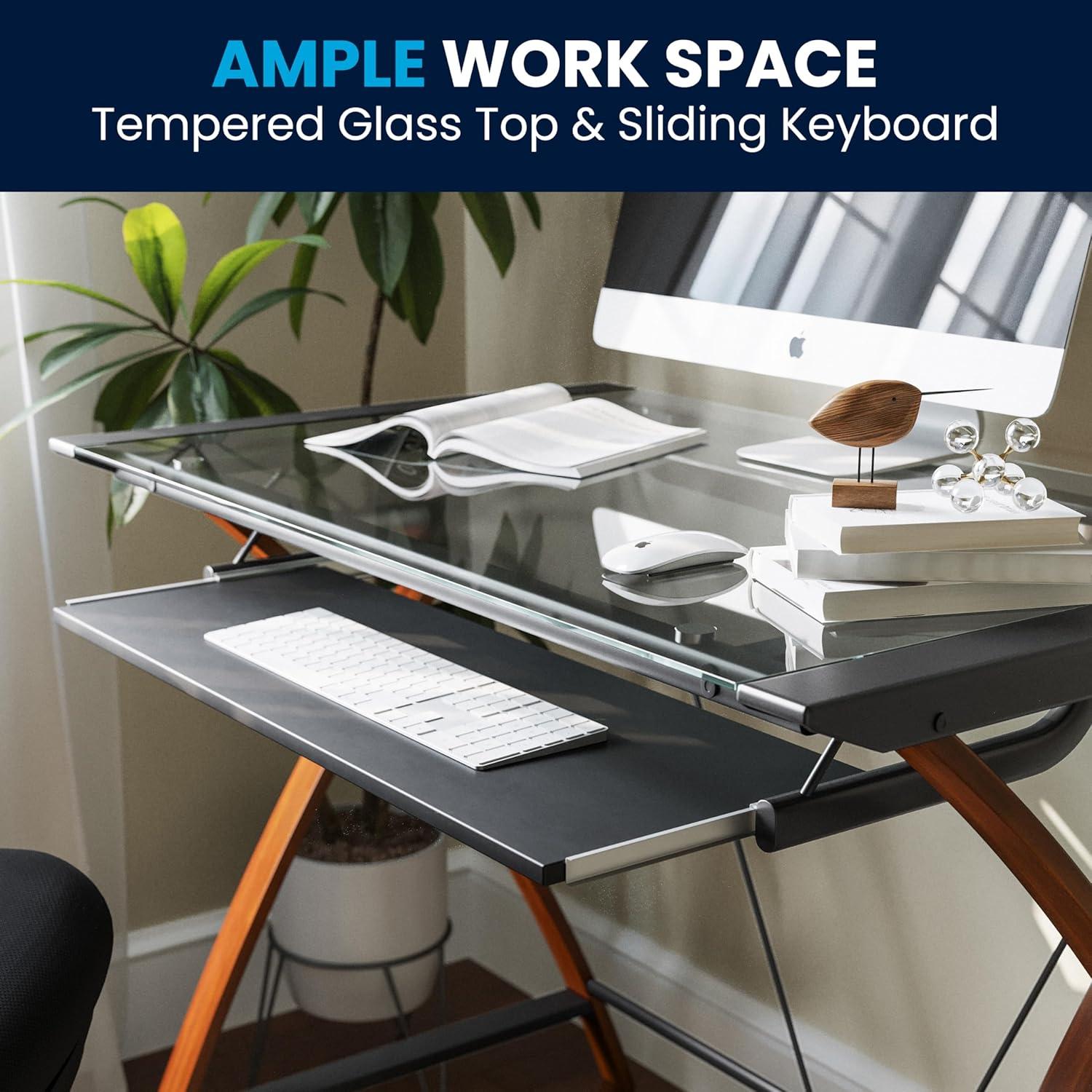 imageFlash Furniture Jude Black Glass Computer Desk with PullOut Keyboard Tray and Crisscross FrameClearCherry