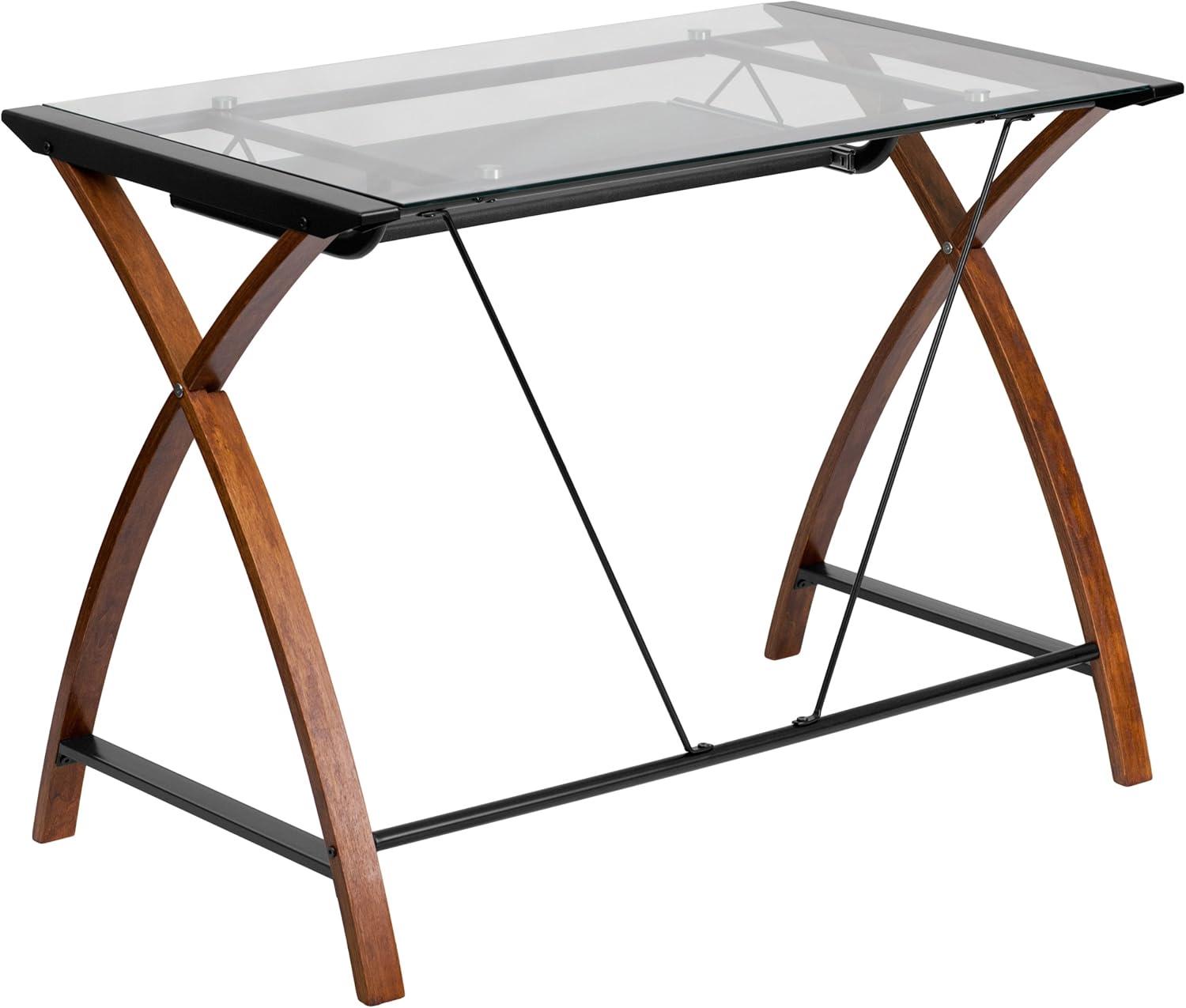 imageFlash Furniture Jude Black Glass Computer Desk with PullOut Keyboard Tray and Crisscross FrameClearCherry