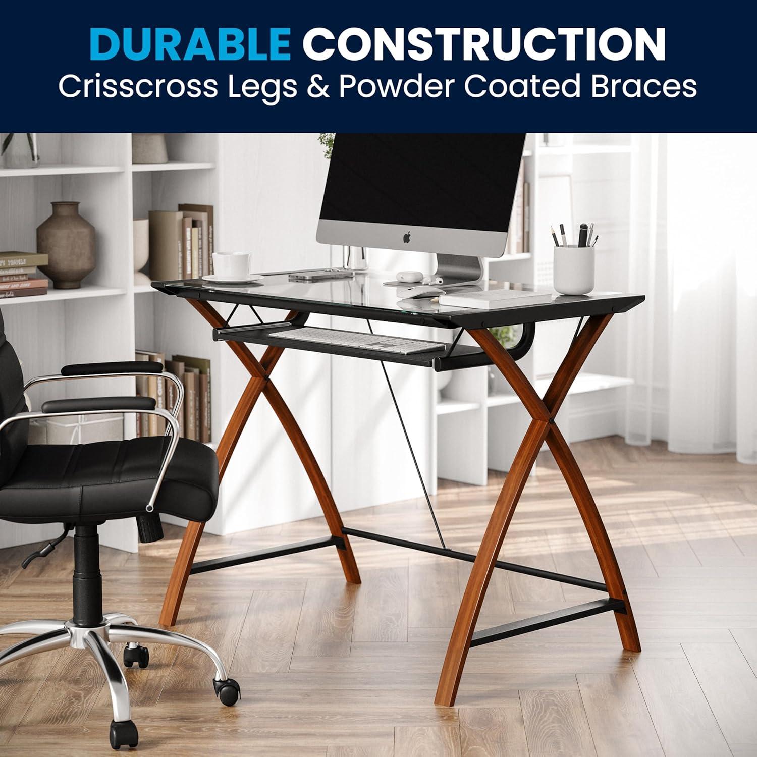 imageFlash Furniture Jude Black Glass Computer Desk with PullOut Keyboard Tray and Crisscross FrameClearCherry