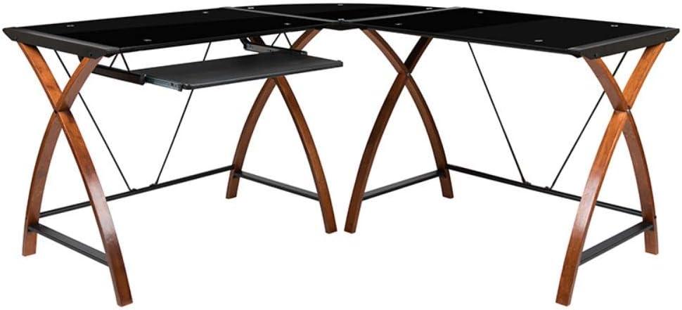imageFlash Furniture Jude Black Glass LShape Corner Computer Desk with PullOut Keyboard TrayBlack