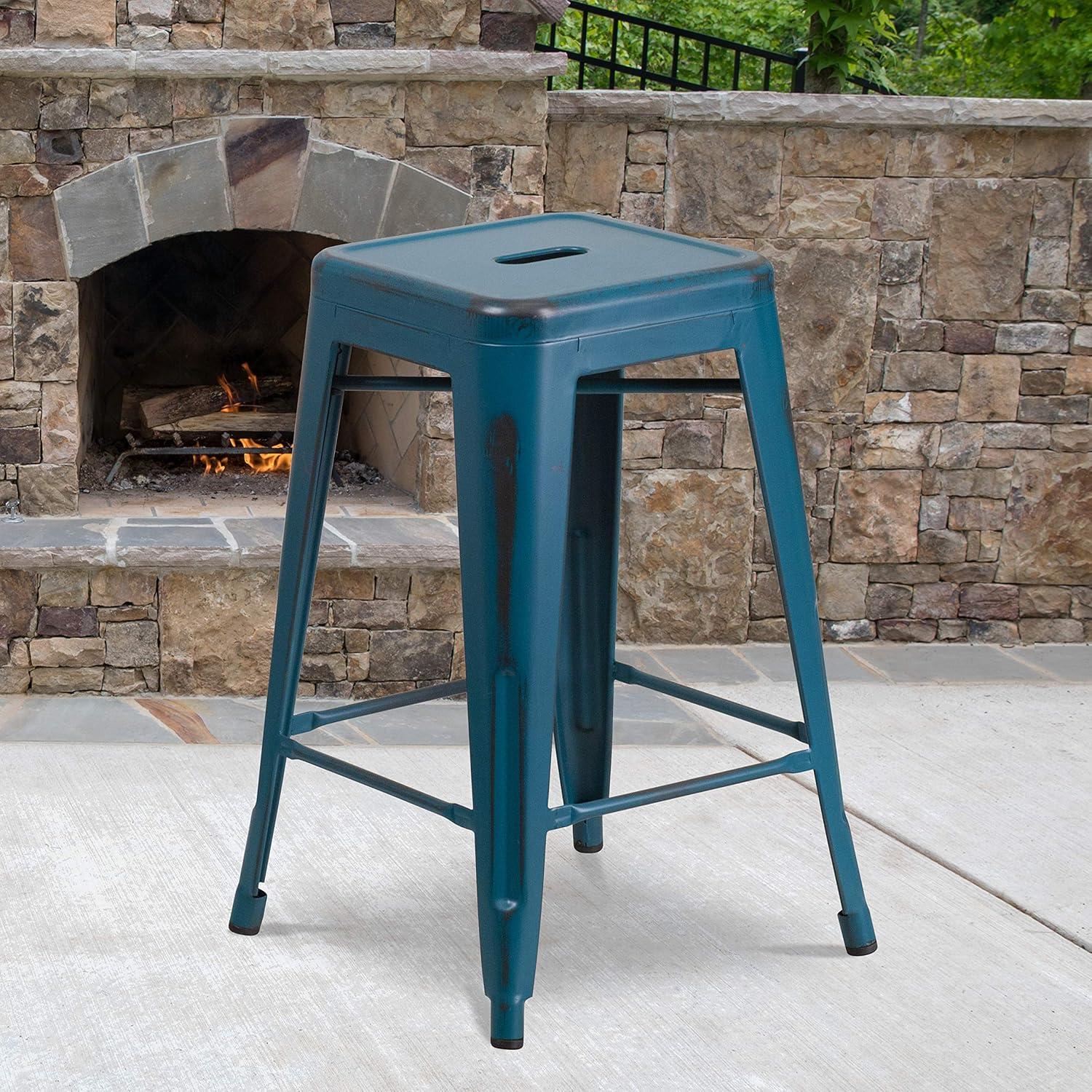 imageFlash Furniture Kai Commercial Grade 24quot High Backless Black Metal IndoorOutdoor Counter Height Stool with Square SeatAntique Blue
