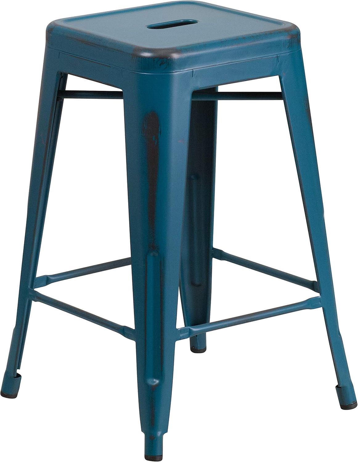 imageFlash Furniture Kai Commercial Grade 24quot High Backless Black Metal IndoorOutdoor Counter Height Stool with Square SeatAntique Blue