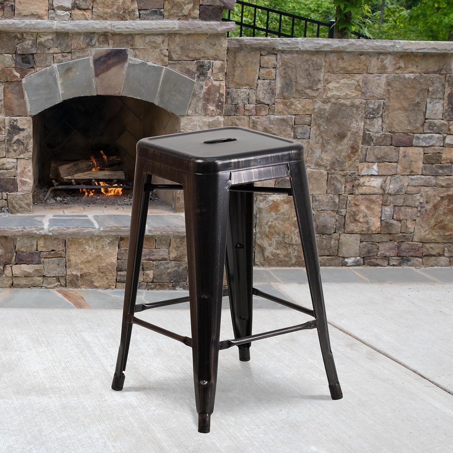 imageFlash Furniture Kai Commercial Grade 24quot High Backless Black Metal IndoorOutdoor Counter Height Stool with Square SeatBlackantique Gold