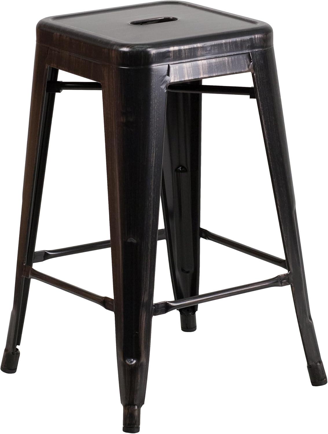 imageFlash Furniture Kai Commercial Grade 24quot High Backless Black Metal IndoorOutdoor Counter Height Stool with Square SeatBlackantique Gold