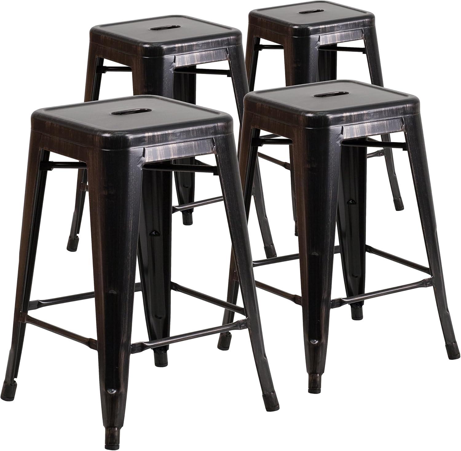 imageFlash Furniture Kai Commercial Grade 24quot High Backless Black Metal IndoorOutdoor Counter Height Stool with Square SeatBlackantique Gold