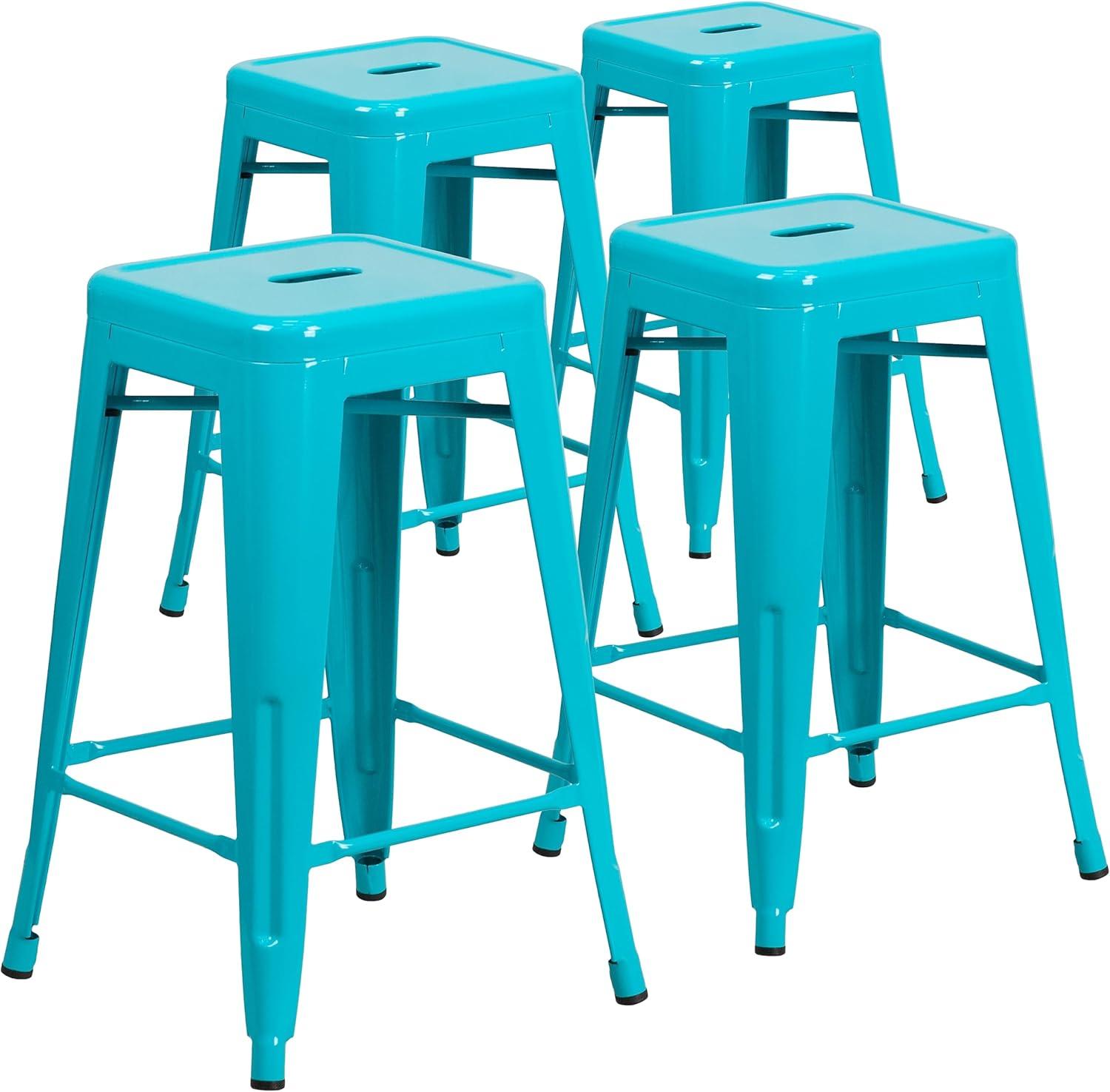 imageFlash Furniture Kai Commercial Grade 24quot High Backless Black Metal IndoorOutdoor Counter Height Stool with Square SeatCrystal Tealblue