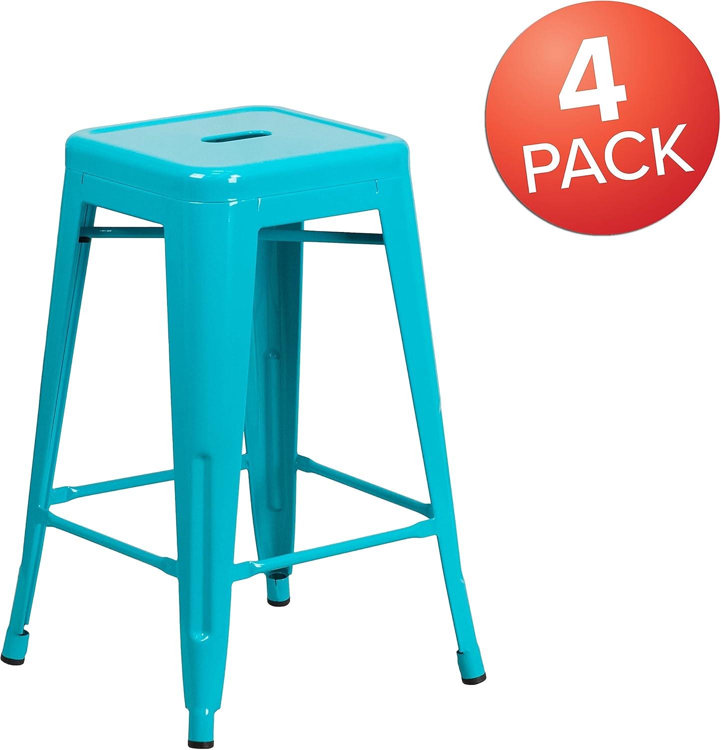 imageFlash Furniture Kai Commercial Grade 24quot High Backless Black Metal IndoorOutdoor Counter Height Stool with Square SeatCrystal Tealblue