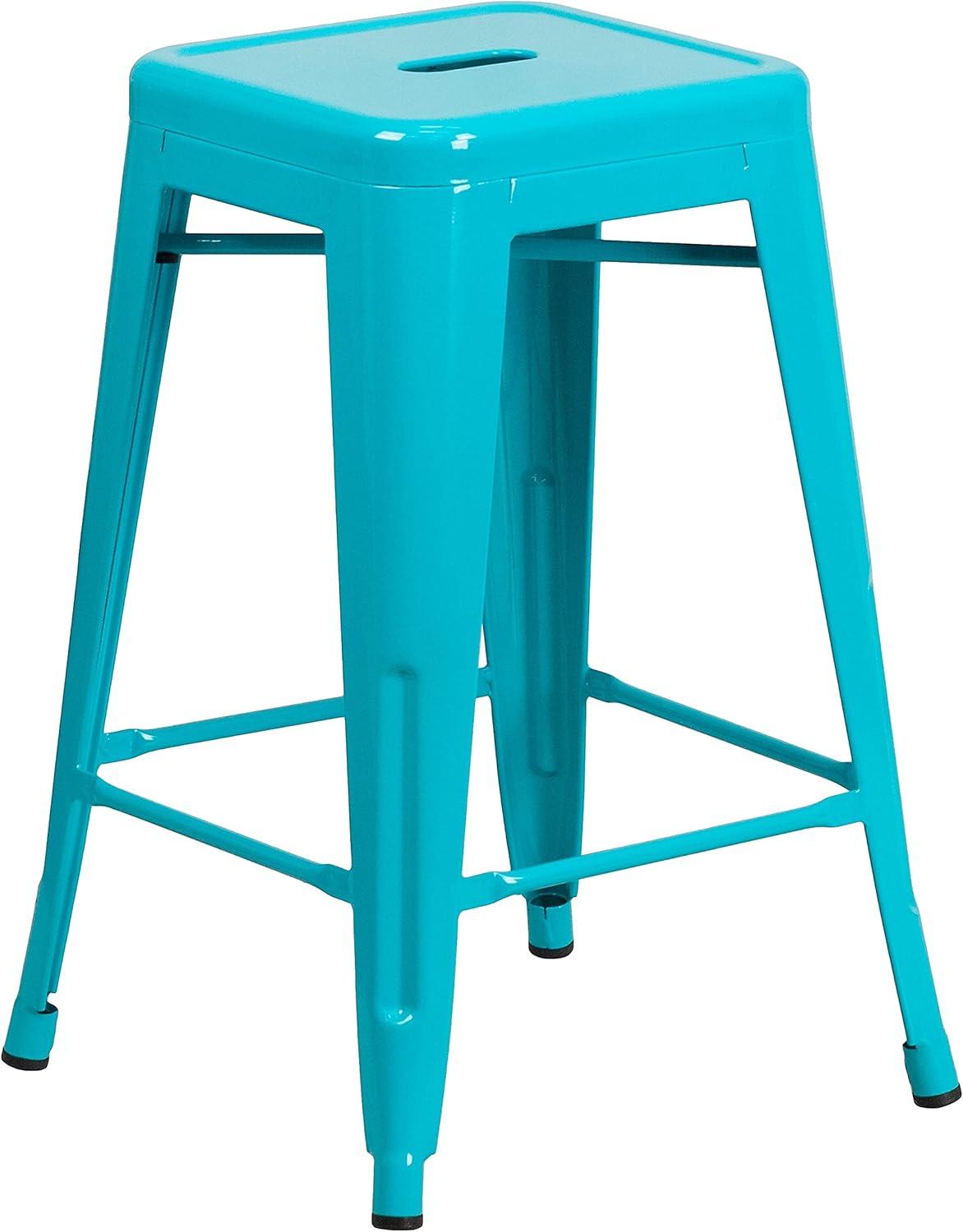 imageFlash Furniture Kai Commercial Grade 24quot High Backless Black Metal IndoorOutdoor Counter Height Stool with Square SeatCrystal Tealblue