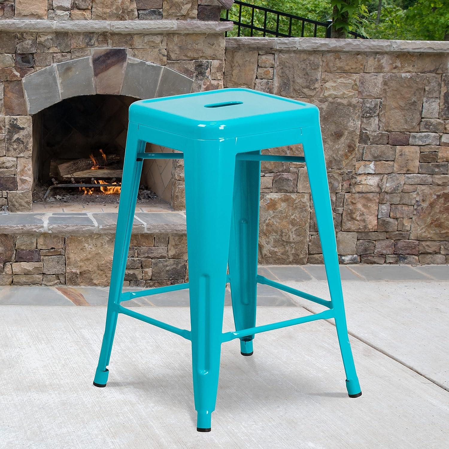 imageFlash Furniture Kai Commercial Grade 24quot High Backless Black Metal IndoorOutdoor Counter Height Stool with Square SeatCrystal Tealblue