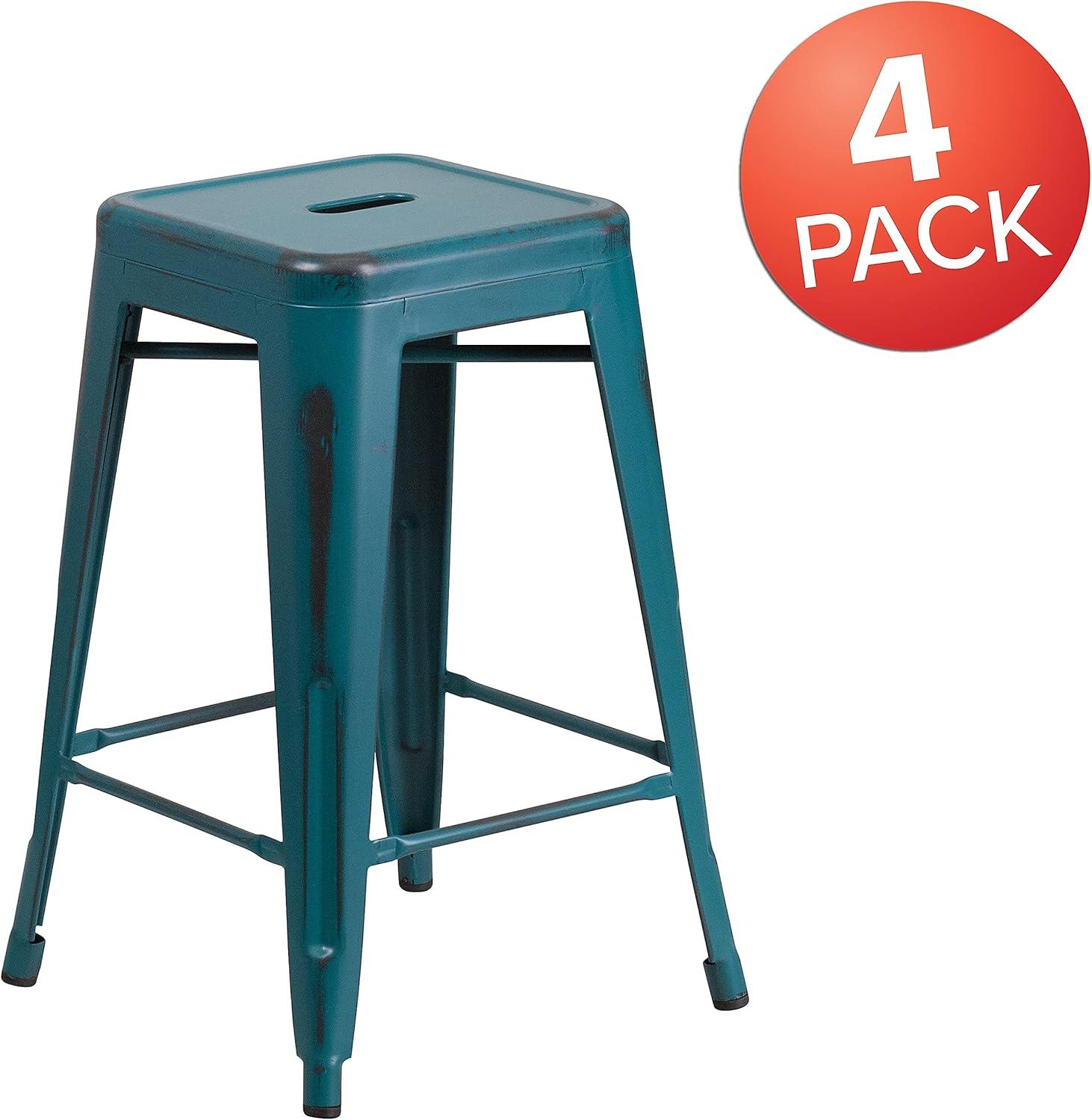 imageFlash Furniture Kai Commercial Grade 24quot High Backless Black Metal IndoorOutdoor Counter Height Stool with Square SeatKelly Blueteal