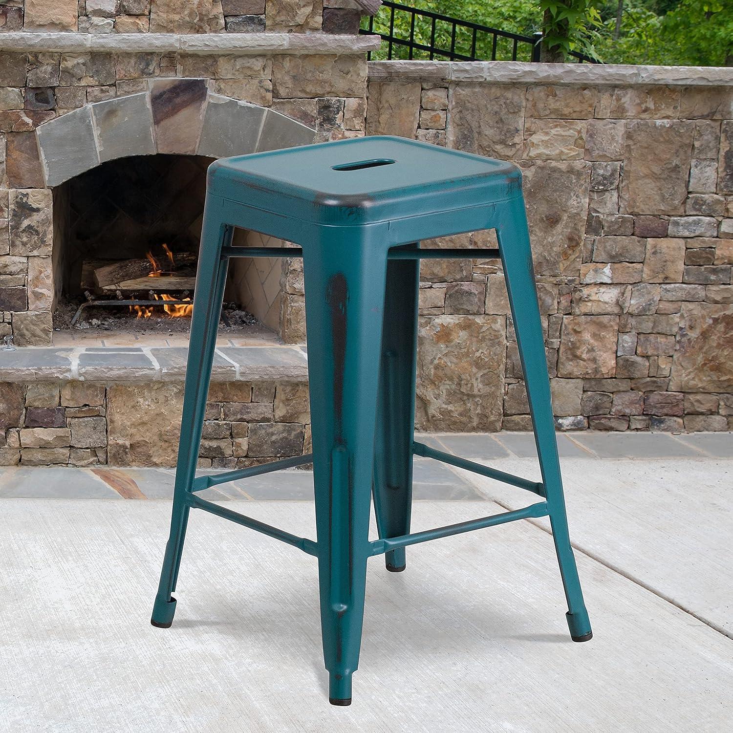 imageFlash Furniture Kai Commercial Grade 24quot High Backless Black Metal IndoorOutdoor Counter Height Stool with Square SeatKelly Blueteal