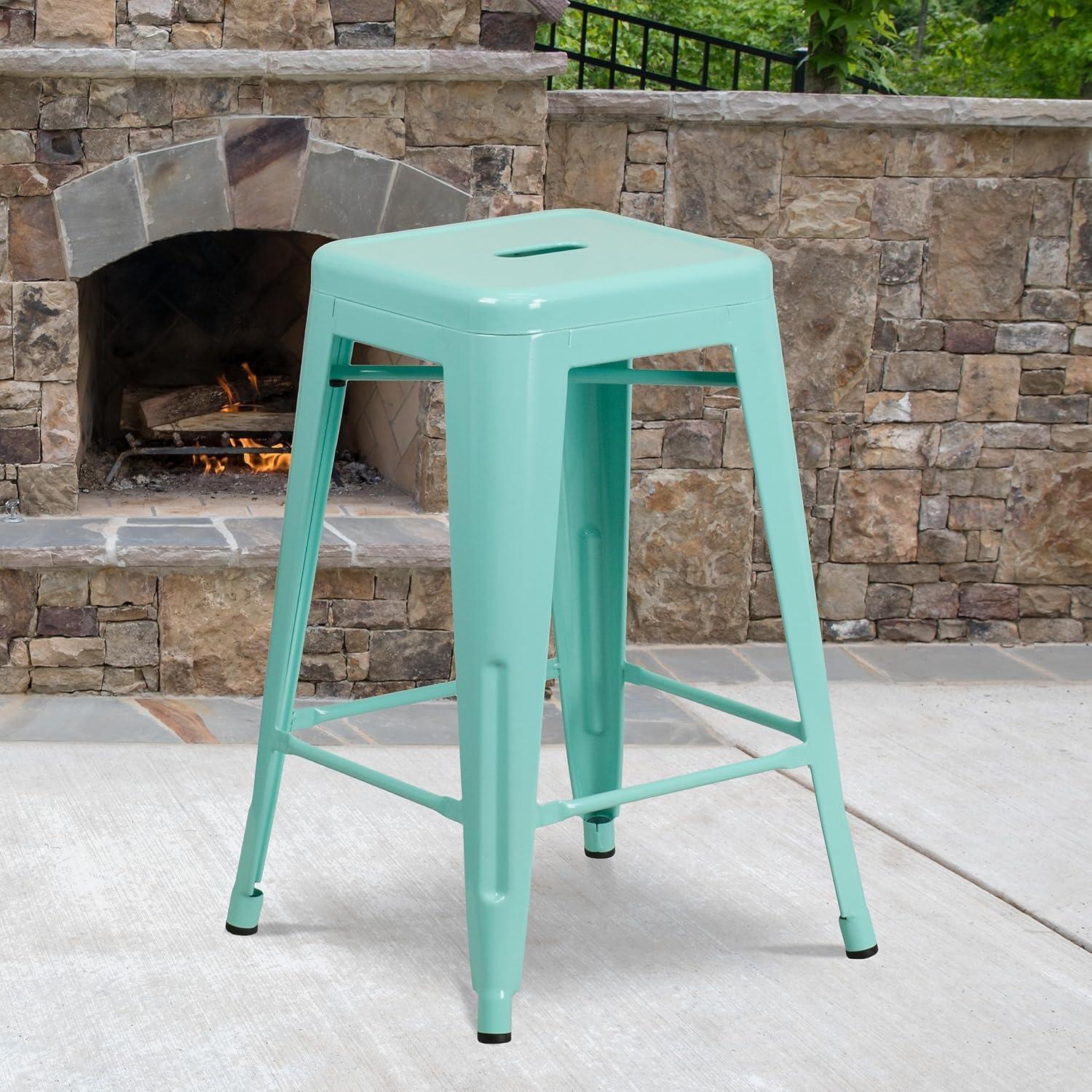 imageFlash Furniture Kai Commercial Grade 24quot High Backless Black Metal IndoorOutdoor Counter Height Stool with Square SeatMint Green
