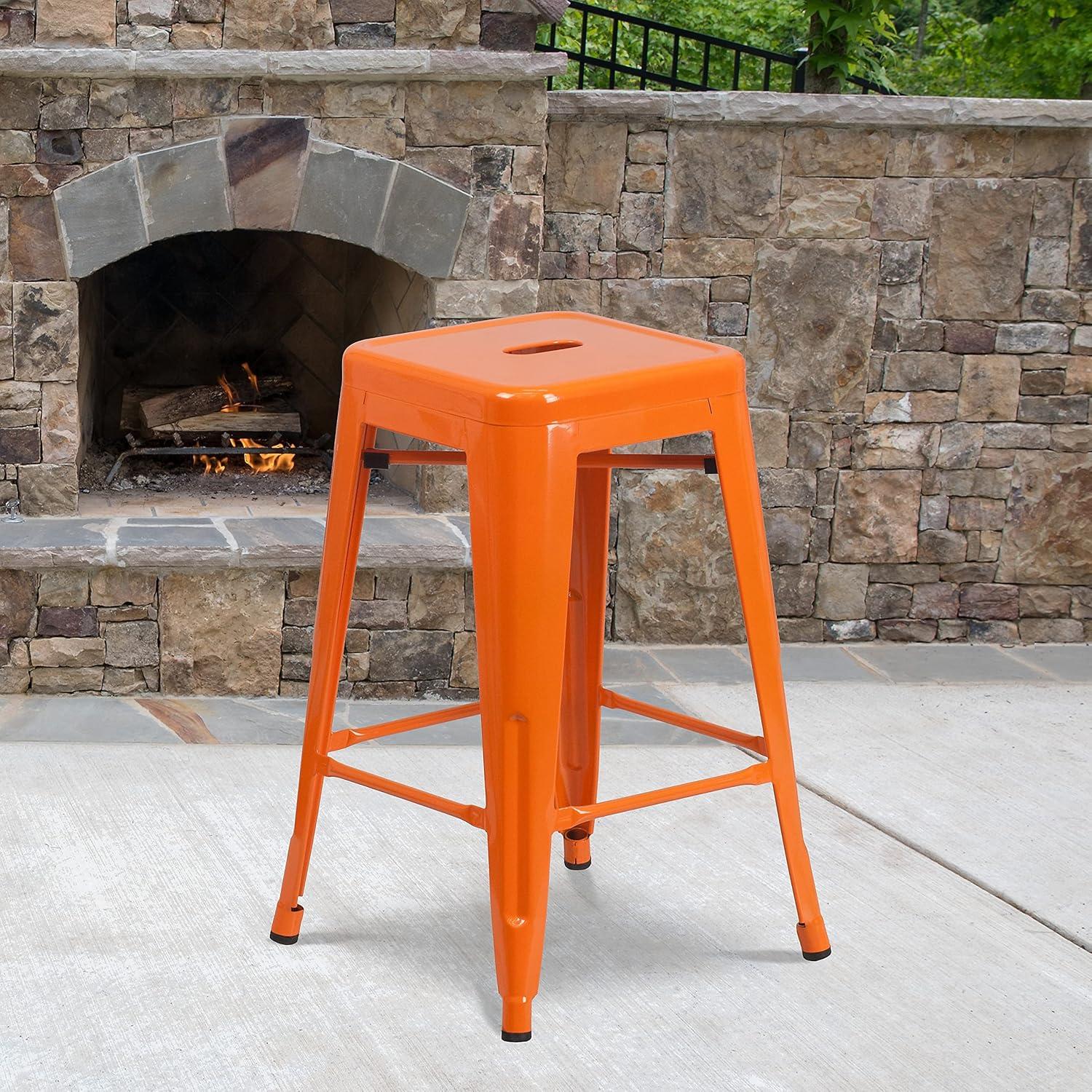 imageFlash Furniture Kai Commercial Grade 24quot High Backless Black Metal IndoorOutdoor Counter Height Stool with Square SeatOrange