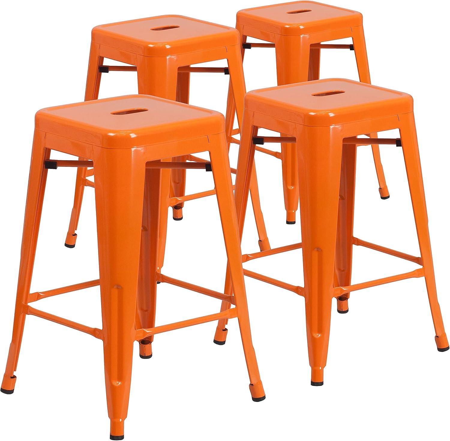imageFlash Furniture Kai Commercial Grade 24quot High Backless Black Metal IndoorOutdoor Counter Height Stool with Square SeatOrange
