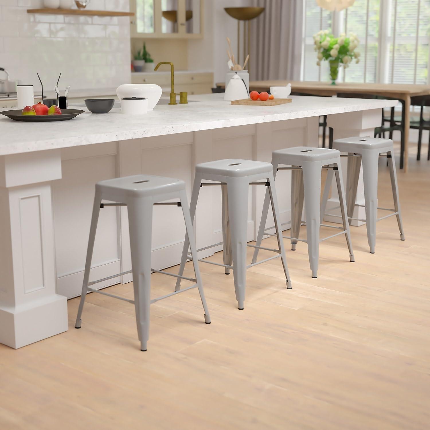 imageFlash Furniture Kai Commercial Grade 24quot High Backless Black Metal IndoorOutdoor Counter Height Stool with Square SeatSilver