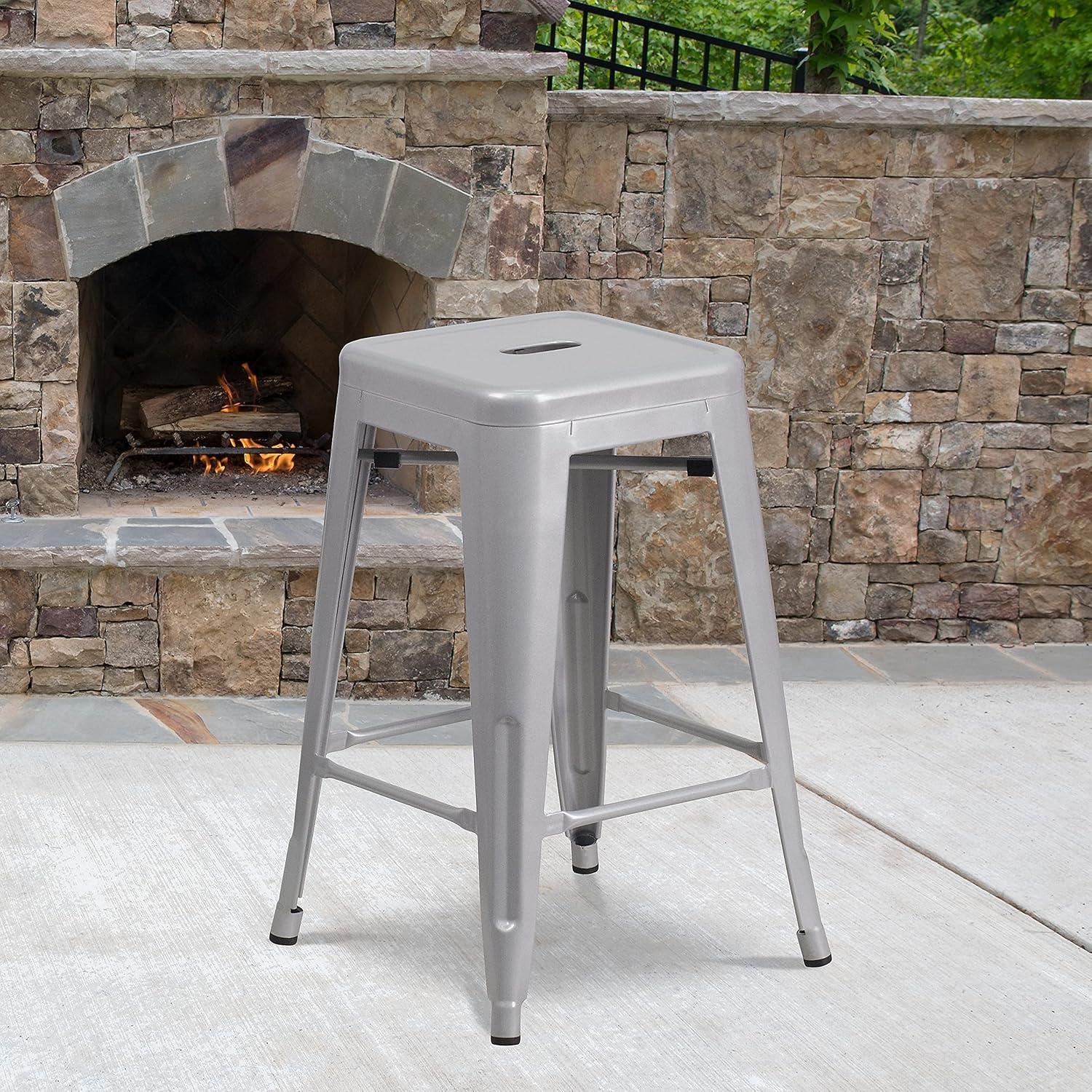 imageFlash Furniture Kai Commercial Grade 24quot High Backless Black Metal IndoorOutdoor Counter Height Stool with Square SeatSilver
