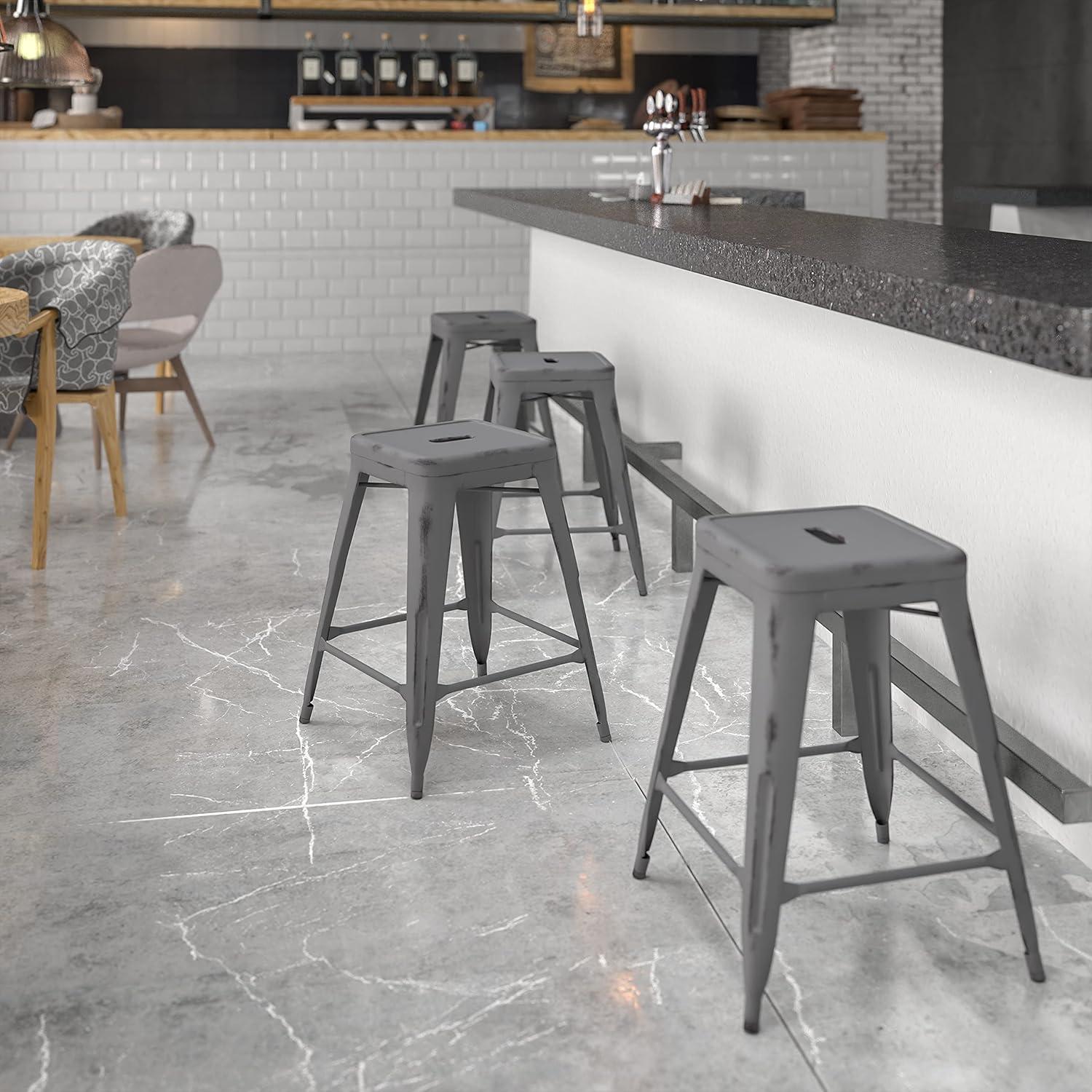 imageFlash Furniture Kai Commercial Grade 24quot High Backless Black Metal IndoorOutdoor Counter Height Stool with Square SeatSilver Gray