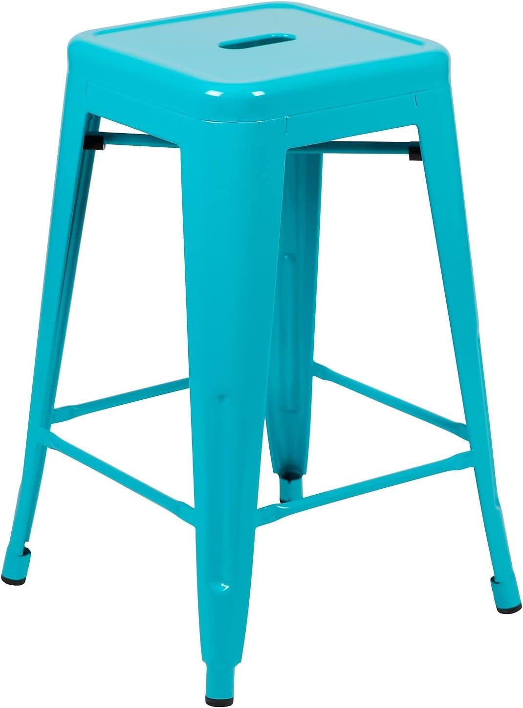 imageFlash Furniture Kai Commercial Grade 24quot High Backless Black Metal IndoorOutdoor Counter Height Stool with Square SeatTeal
