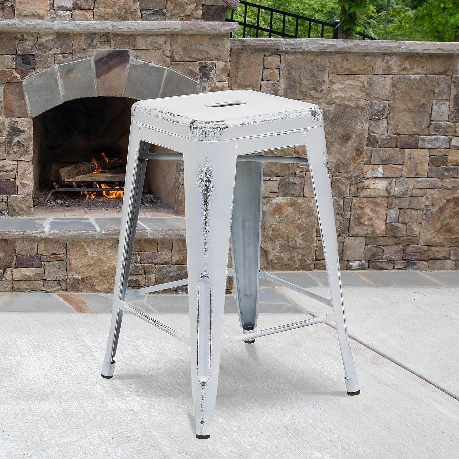 imageFlash Furniture Kai Commercial Grade 24quot High Backless Black Metal IndoorOutdoor Counter Height Stool with Square SeatWhite