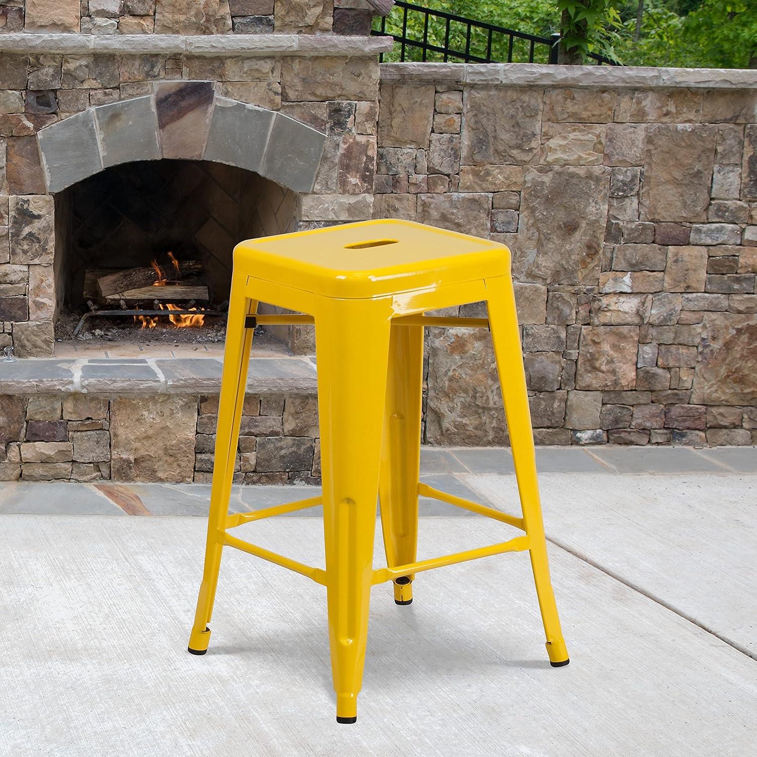 imageFlash Furniture Kai Commercial Grade 24quot High Backless Black Metal IndoorOutdoor Counter Height Stool with Square SeatYellow