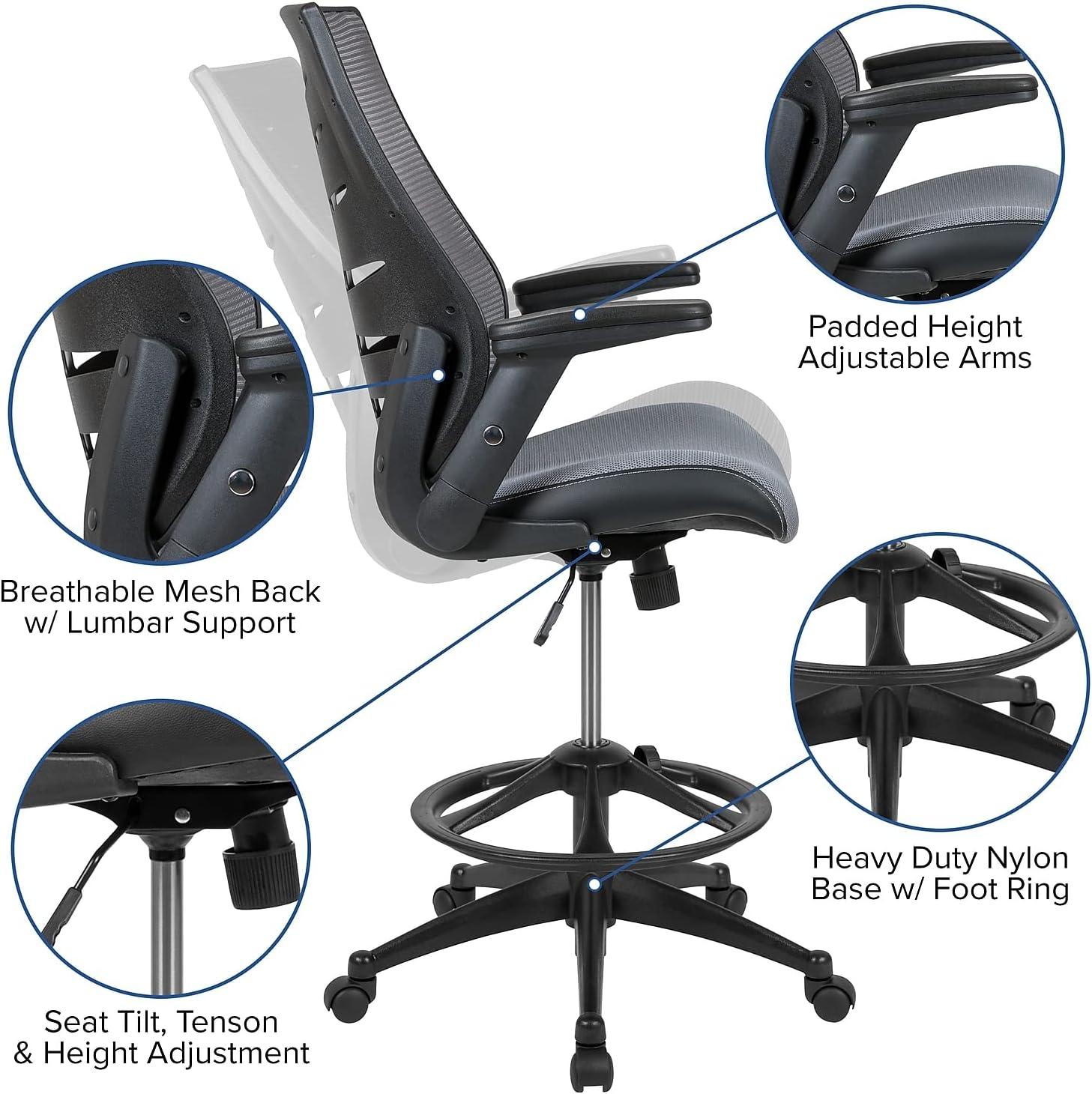 imageFlash Furniture Kale HighBack Ergonomic Mesh Office Chair with FlipUp Arms and Adjustable Foot Ring SpineBack Tall Executive Swivel Chair BlackDark Gray