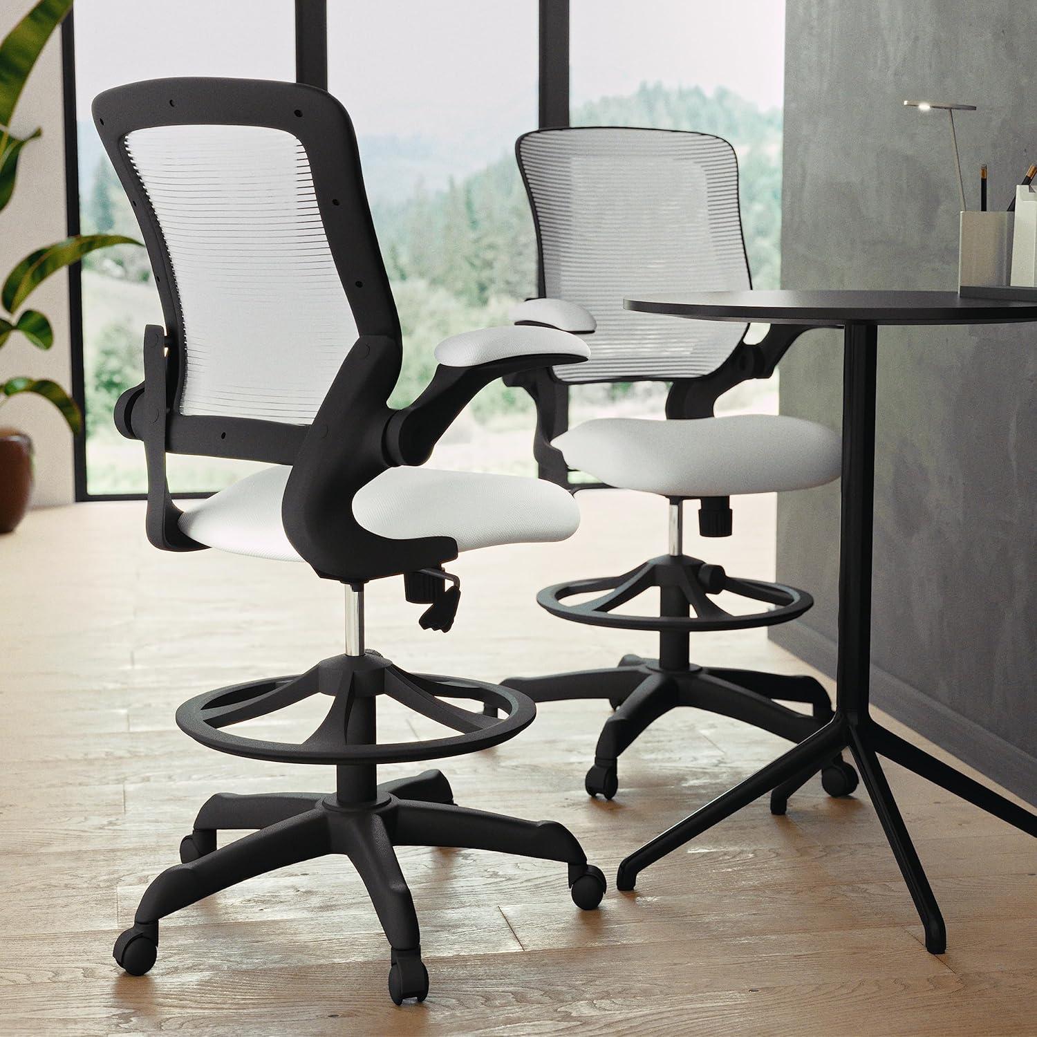 imageFlash Furniture Kale MidBack White Mesh Ergonomic Drafting Chair Adjustable Foot Ring FlipUp ArmsWhite