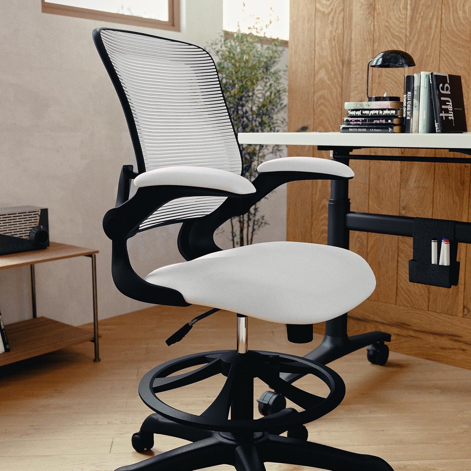 imageFlash Furniture Kale MidBack White Mesh Ergonomic Drafting Chair Adjustable Foot Ring FlipUp ArmsWhite
