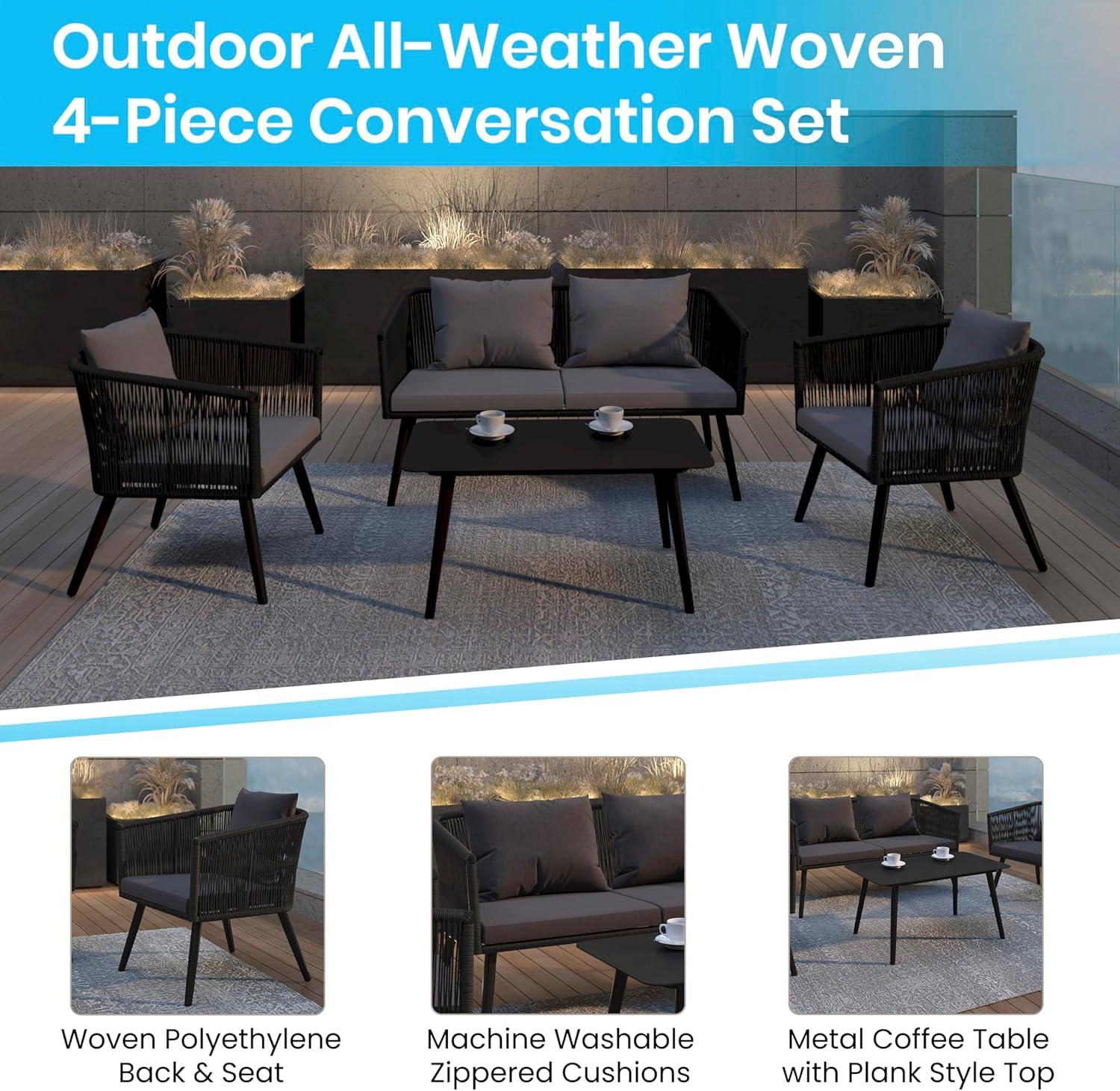 imageFlash Furniture Kallie Set of 2 IndoorOutdoor Stacking Club Chairs with Arms UV Resistant Woven Black Seat ampamp Back Gray Zippered Cushions Black Aluminum FrameBlack