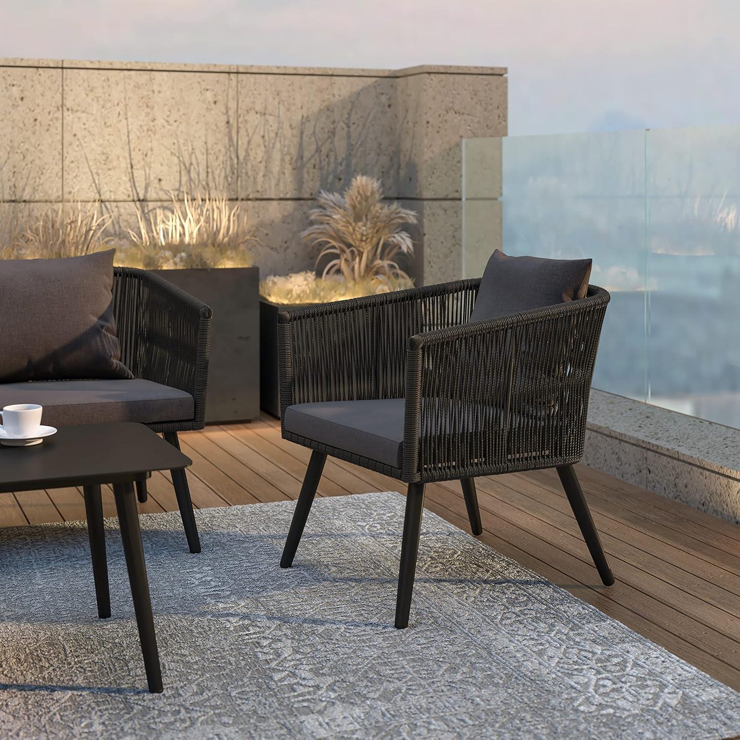imageFlash Furniture Kallie Set of 2 IndoorOutdoor Stacking Club Chairs with Arms UV Resistant Woven Black Seat ampamp Back Gray Zippered Cushions Black Aluminum FrameBlack
