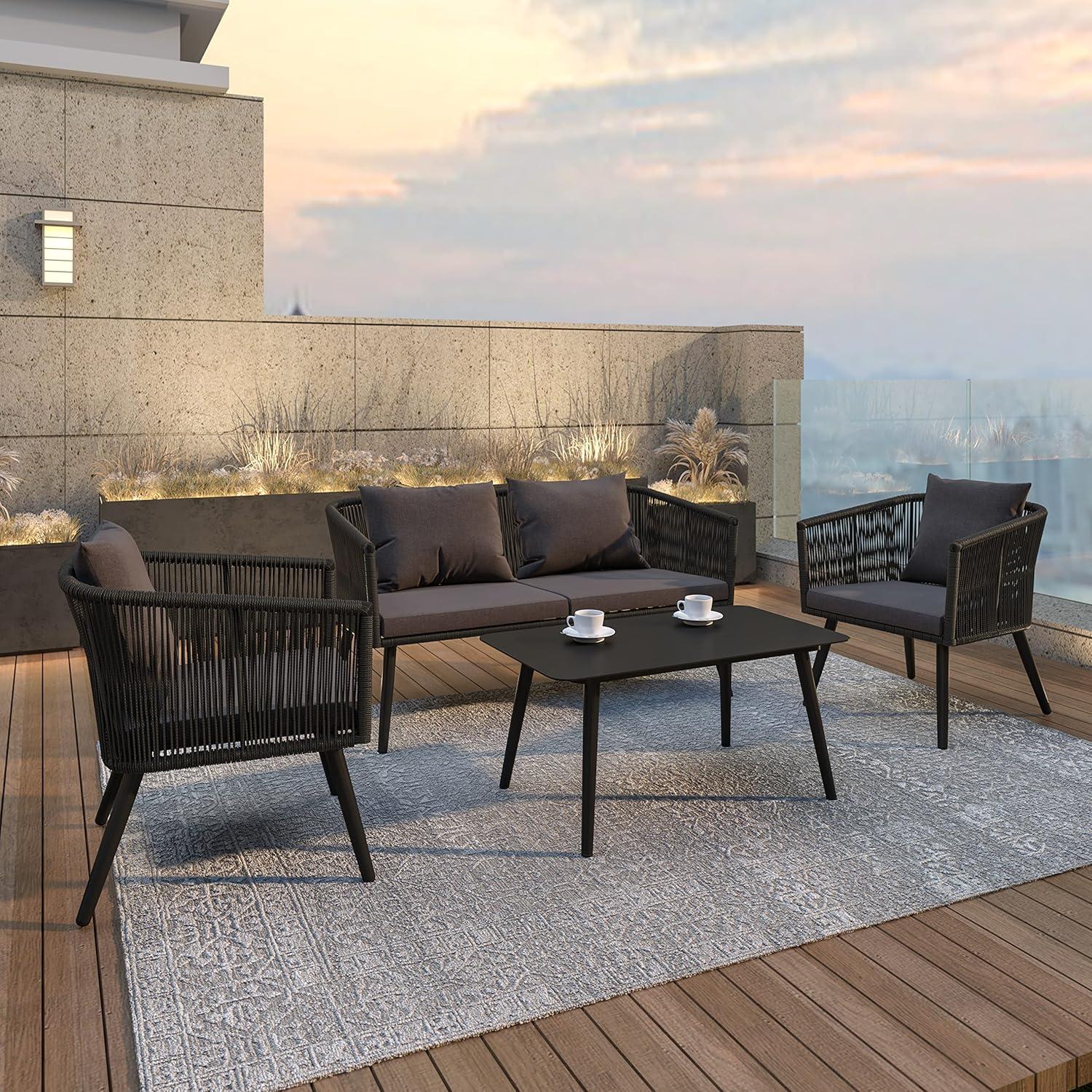 imageFlash Furniture Kallie Set of 2 IndoorOutdoor Stacking Club Chairs with Arms UV Resistant Woven Black Seat ampamp Back Gray Zippered Cushions Black Aluminum FrameBlack