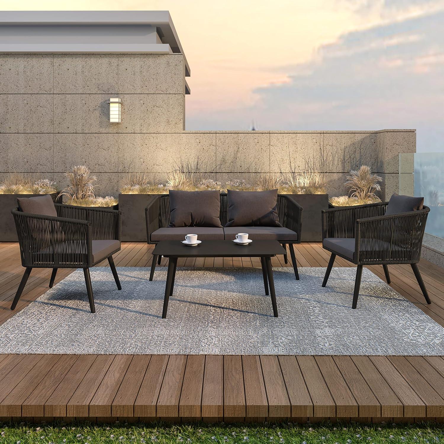 imageFlash Furniture Kallie Set of 2 IndoorOutdoor Stacking Club Chairs with Arms UV Resistant Woven Black Seat ampamp Back Gray Zippered Cushions Black Aluminum FrameBlack