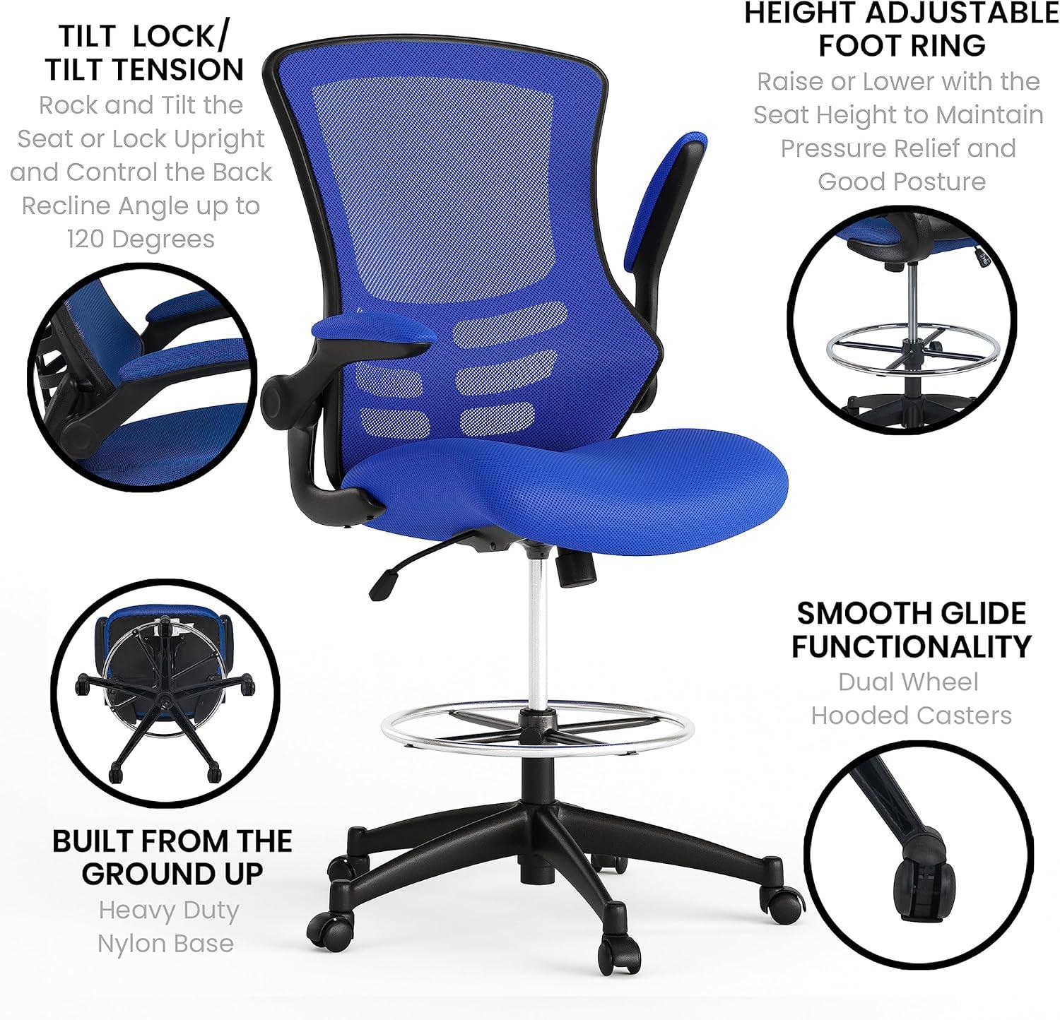 imageFlash Furniture Kelista MidBack White Mesh Ergonomic Drafting Chair  Adjustable Foot Ring FlipUp Arms  Comfort and ProductivityBlue Mesh