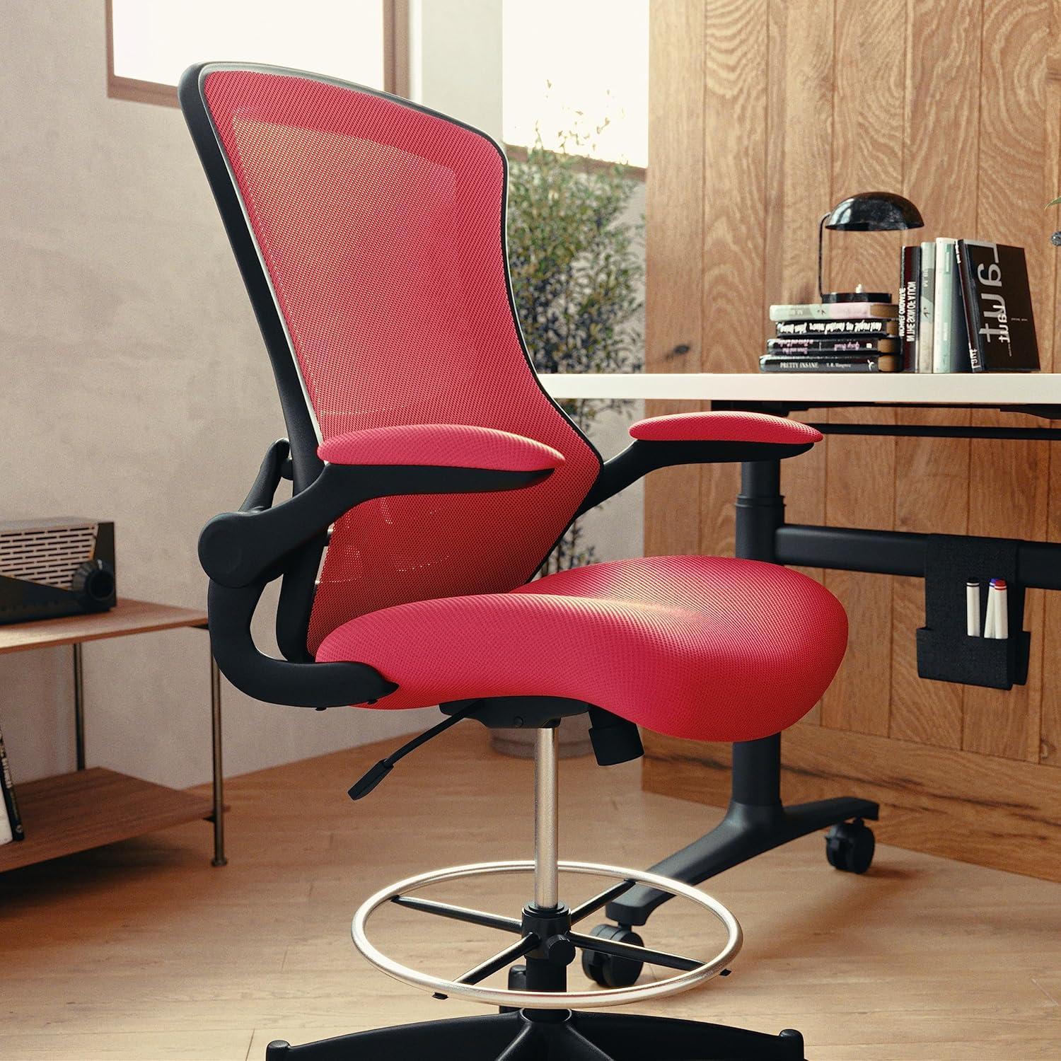 imageFlash Furniture Kelista MidBack White Mesh Ergonomic Drafting Chair  Adjustable Foot Ring FlipUp Arms  Comfort and ProductivityRed Mesh